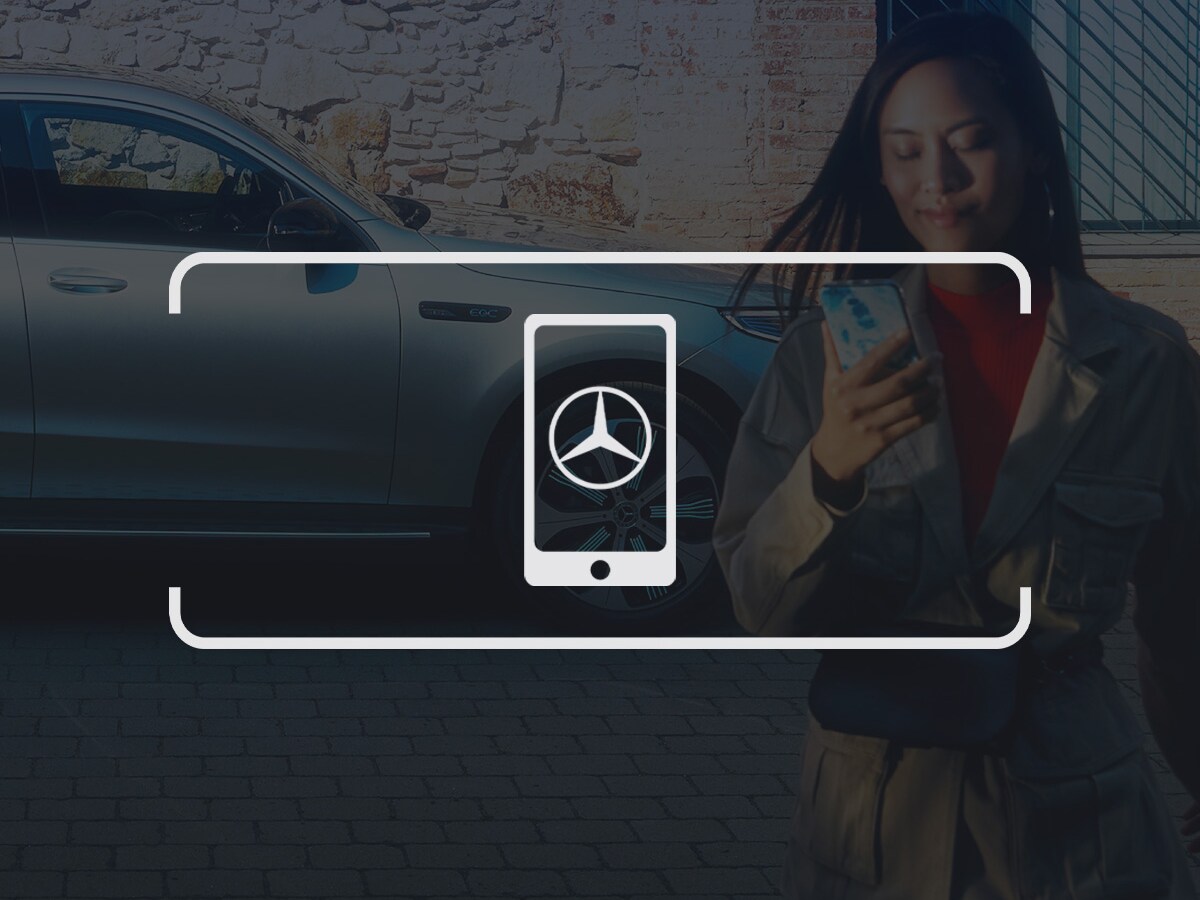 Hvidt ikon af smartphone med Mercedes-Benz stjerne-logo