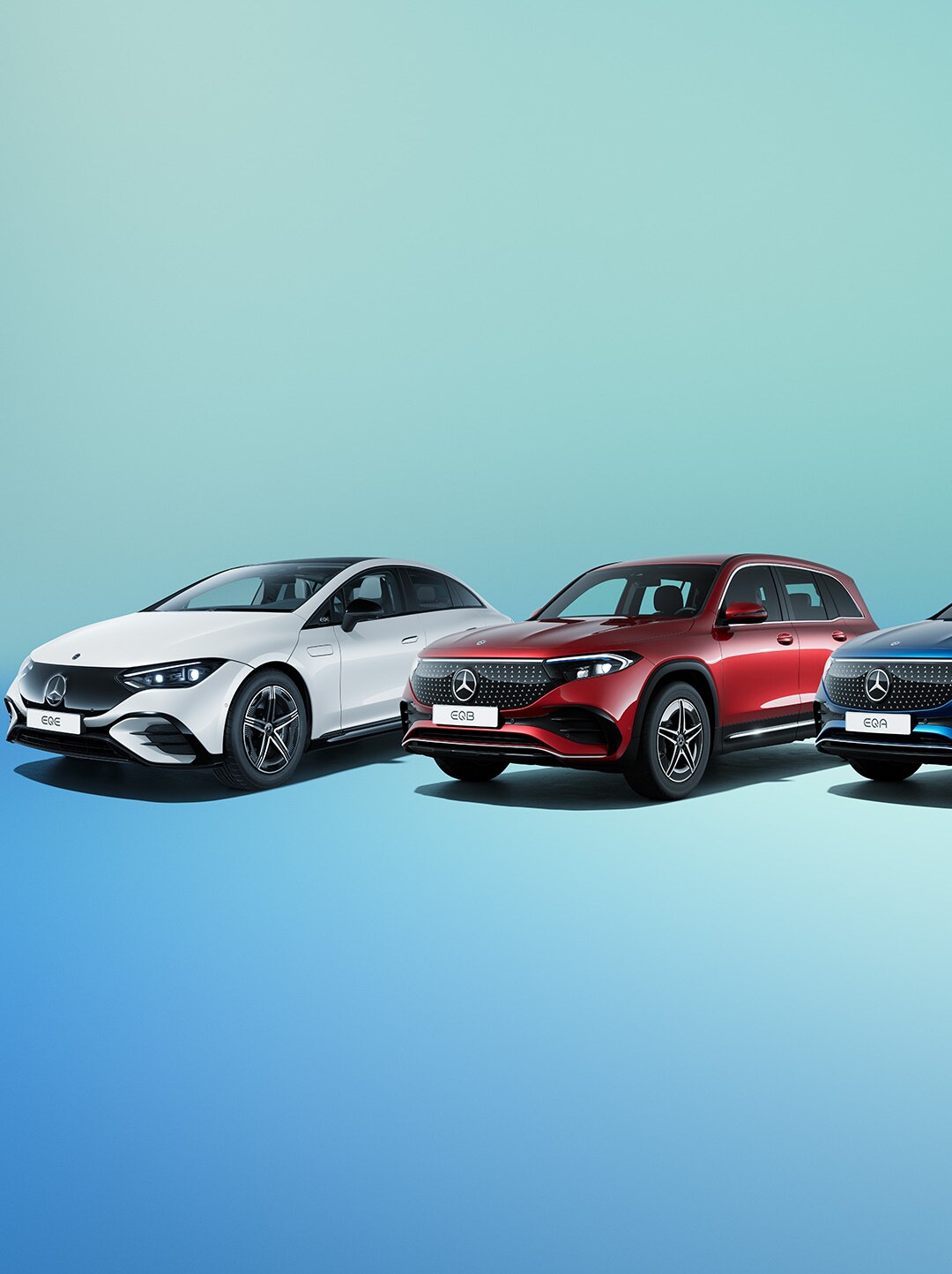 Mercedes-Benz EQA, EQB og EQE parkeret side om side