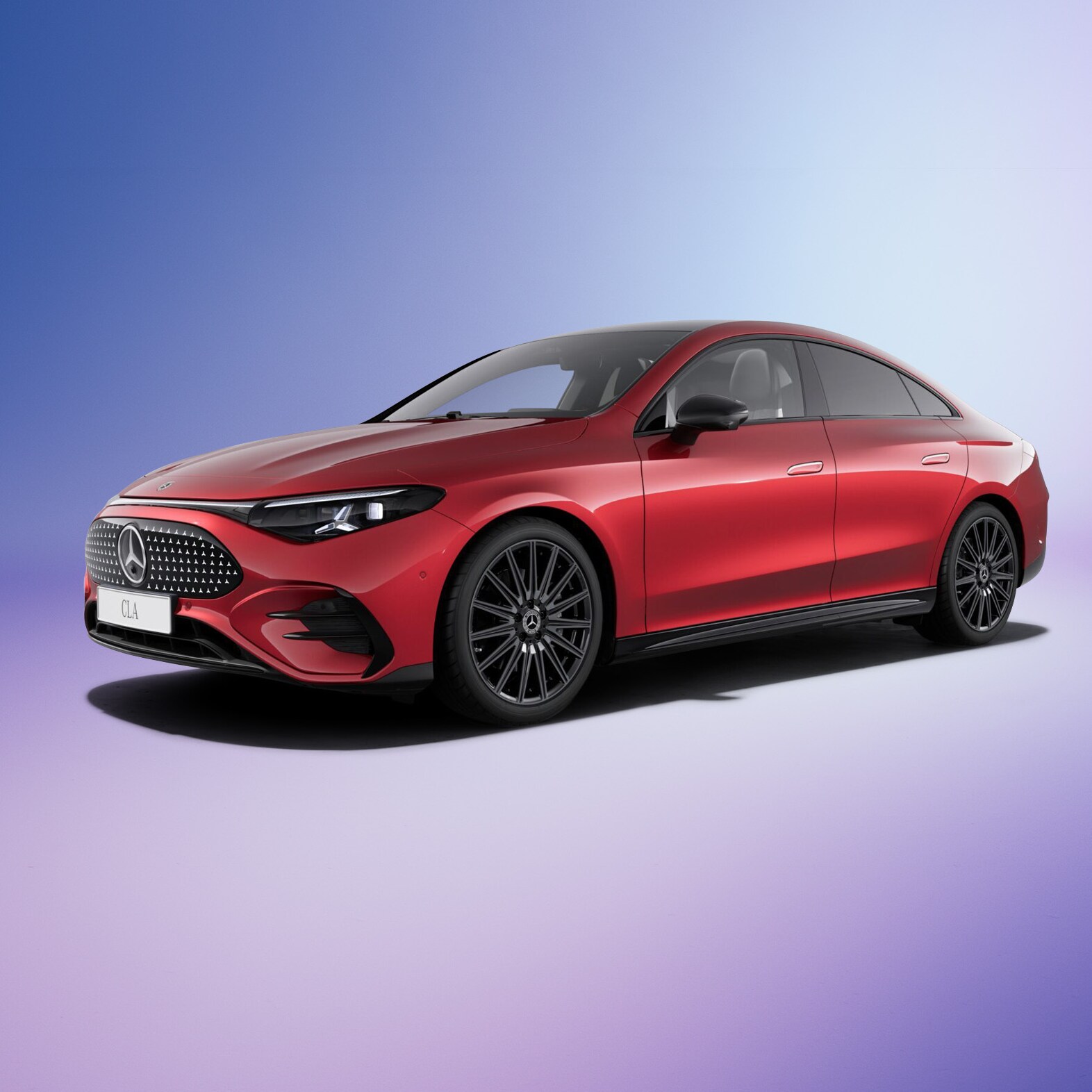 Rød Mercedes-Benz CLA with EQ Technology på farvechangerende, lilla baggrund