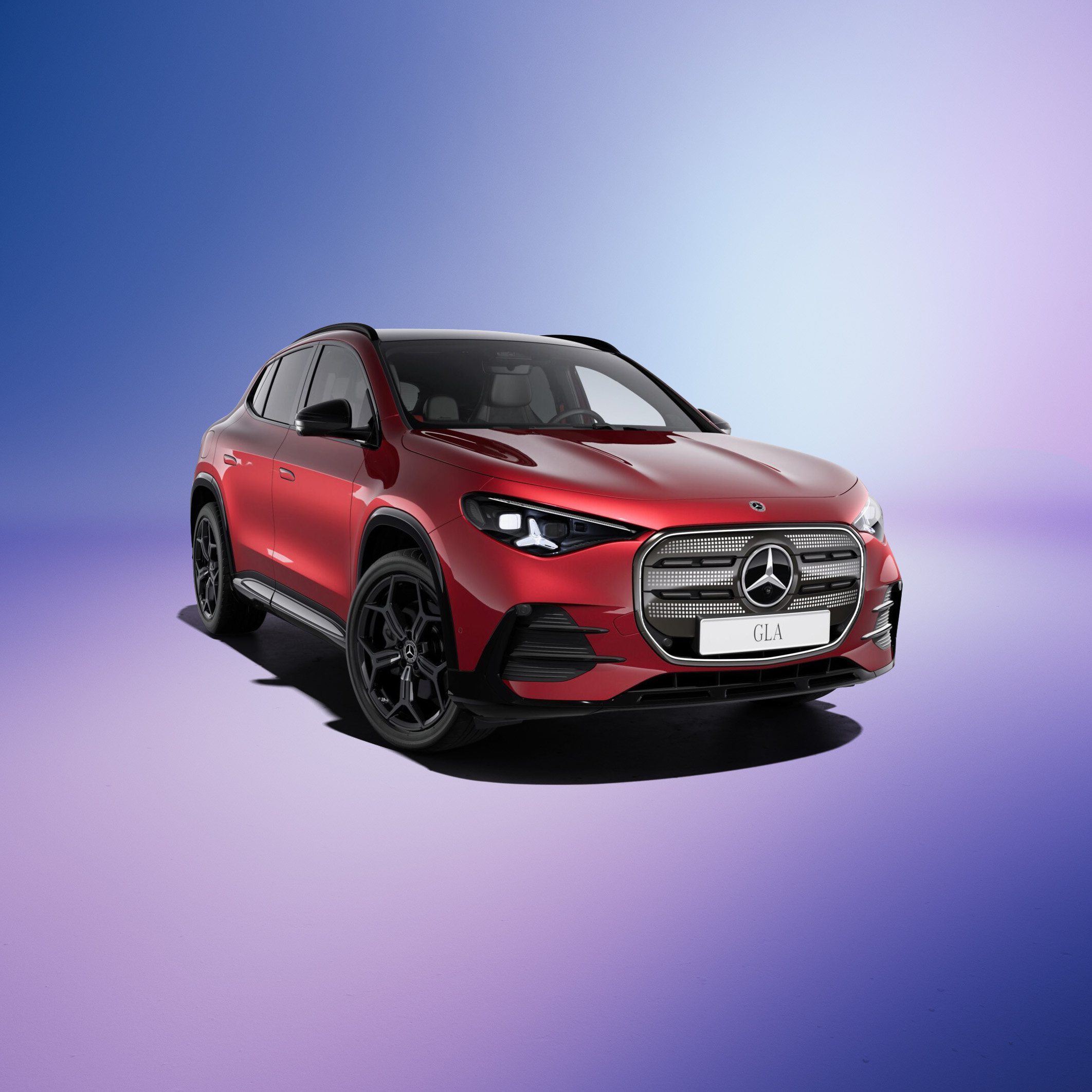 GLA electric 250+ Advance Plus | BusinessLeasing | Mercedes-Benz Finans Rød elektrisk Mercedes-Benz GLA electric set skråt forfra