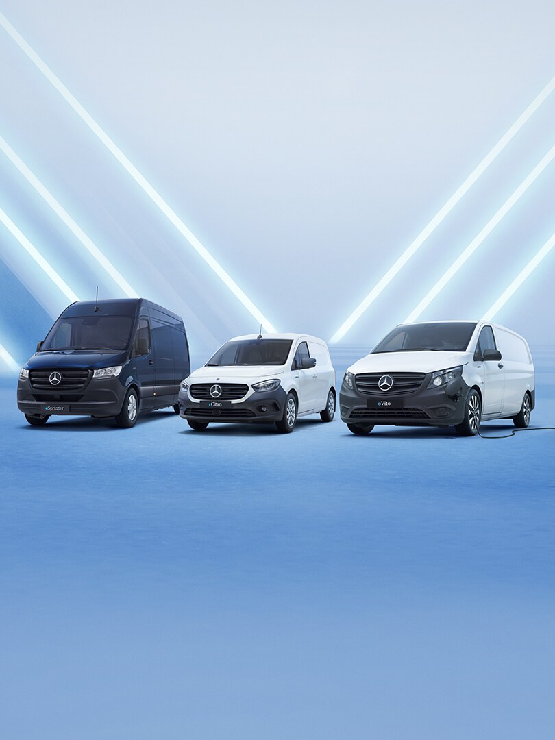 Mercedes-Benz eSprinter, eCitan og eVito side om side ved vægladeboks
