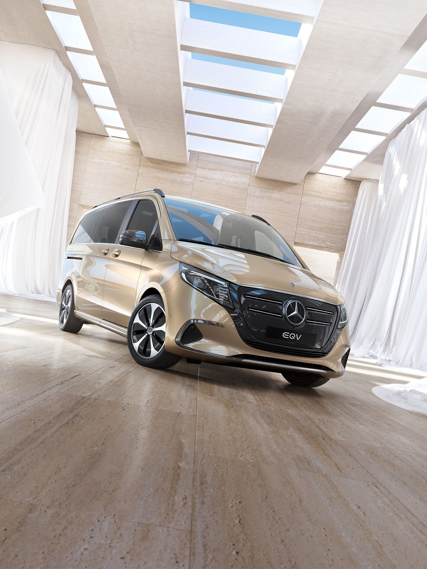 Den elektriske EQV fra Mercedes-Benz set skråt forfra