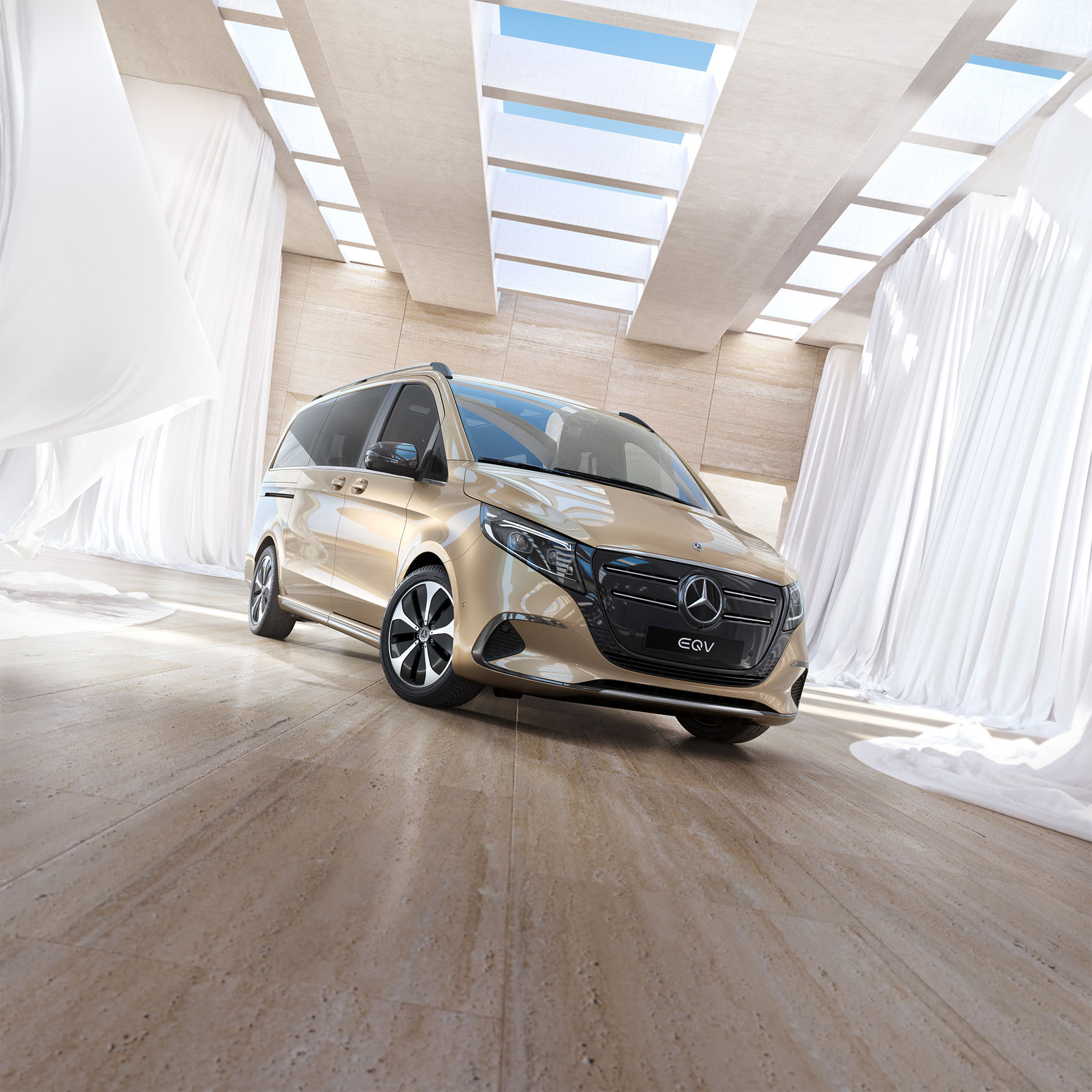 EQV | MPV | Mercedes-Benz Vans Den elektriske EQV fra Mercedes-Benz set skråt forfra