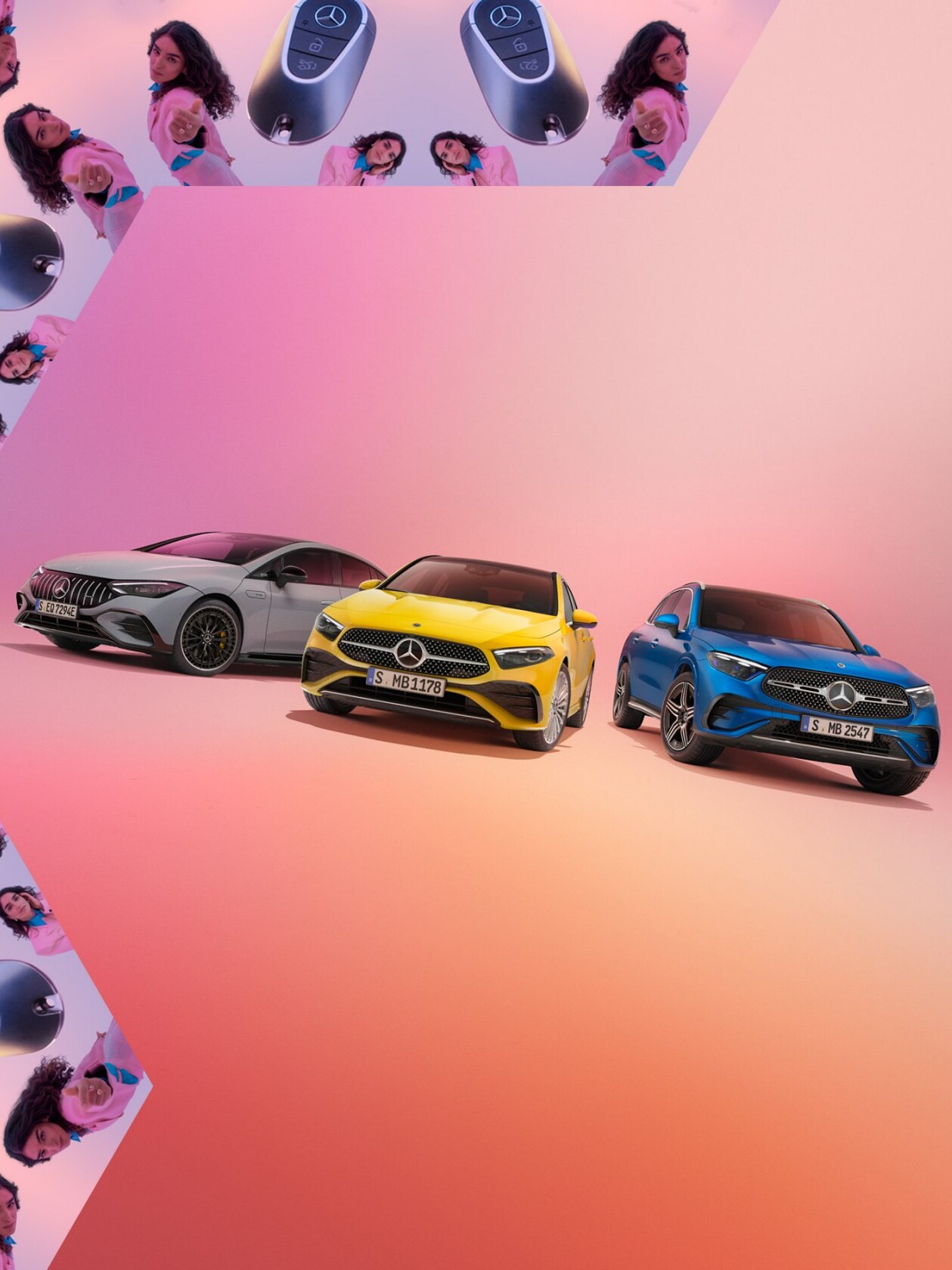 Tre Mercedes-Benz modeller vist på en farverig baggrund med grafiske elementer