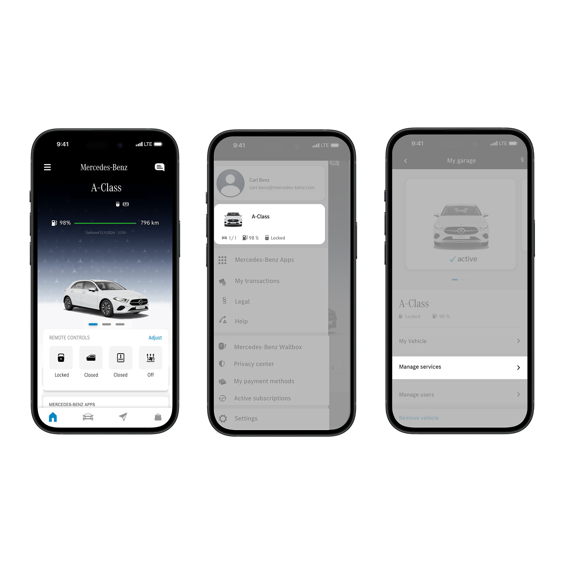Aktivering af Fuel & Pay i appen | Betalingsløsninger i bilen | Mercedes-Benz Smartphone viser første trin i aktiveringen af Fuel & Pay i Mercedes-Benz appen