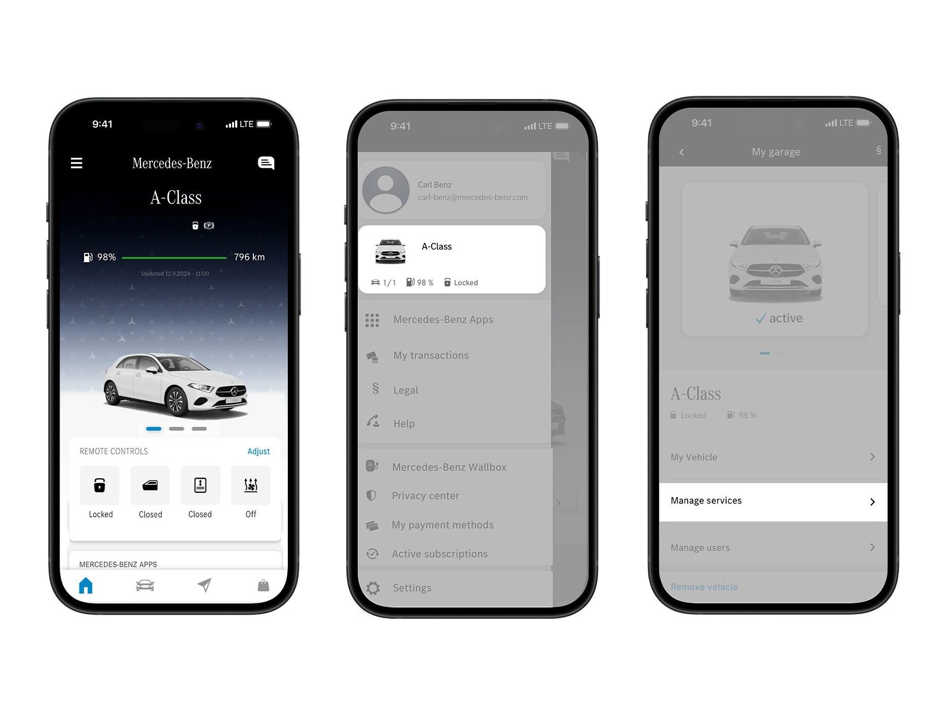 Smartphone viser første trin i aktiveringen af Fuel & Pay i Mercedes-Benz appen