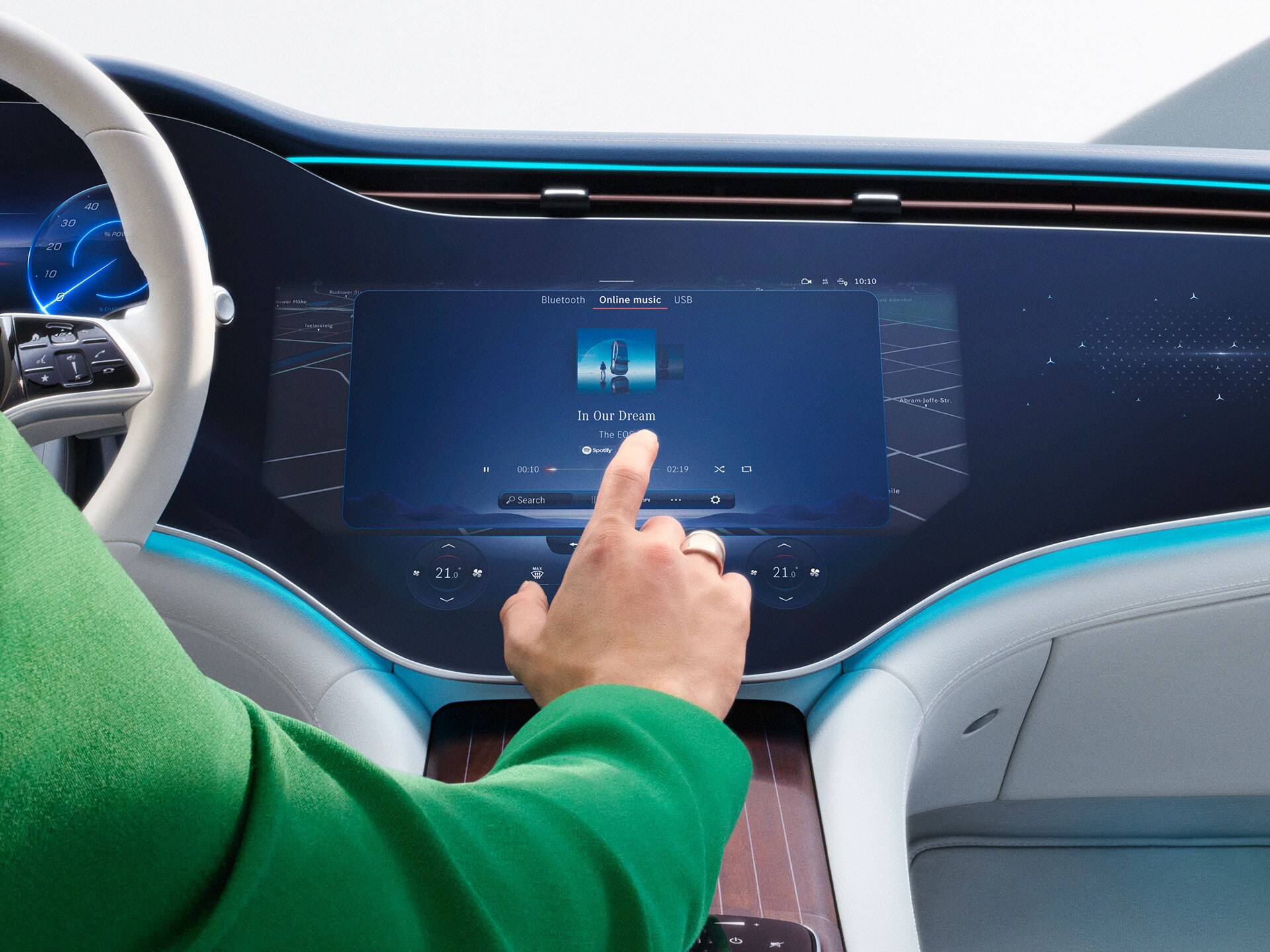 Audiostreaming med MBUX inde i en Mercedes-Benz.