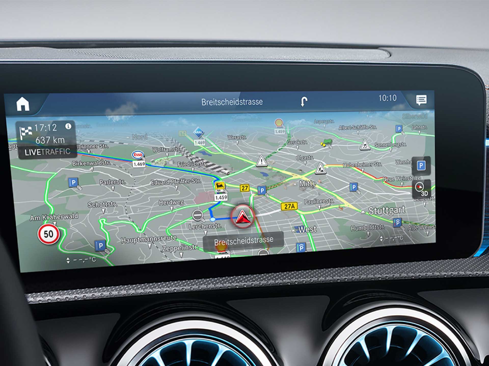 Car-to-X Communication | Navigation | Mercedes-Benz Den Digitale tjeneste Car-to-X Communication er aktiveret på MBUX multimediesystemets skærm.