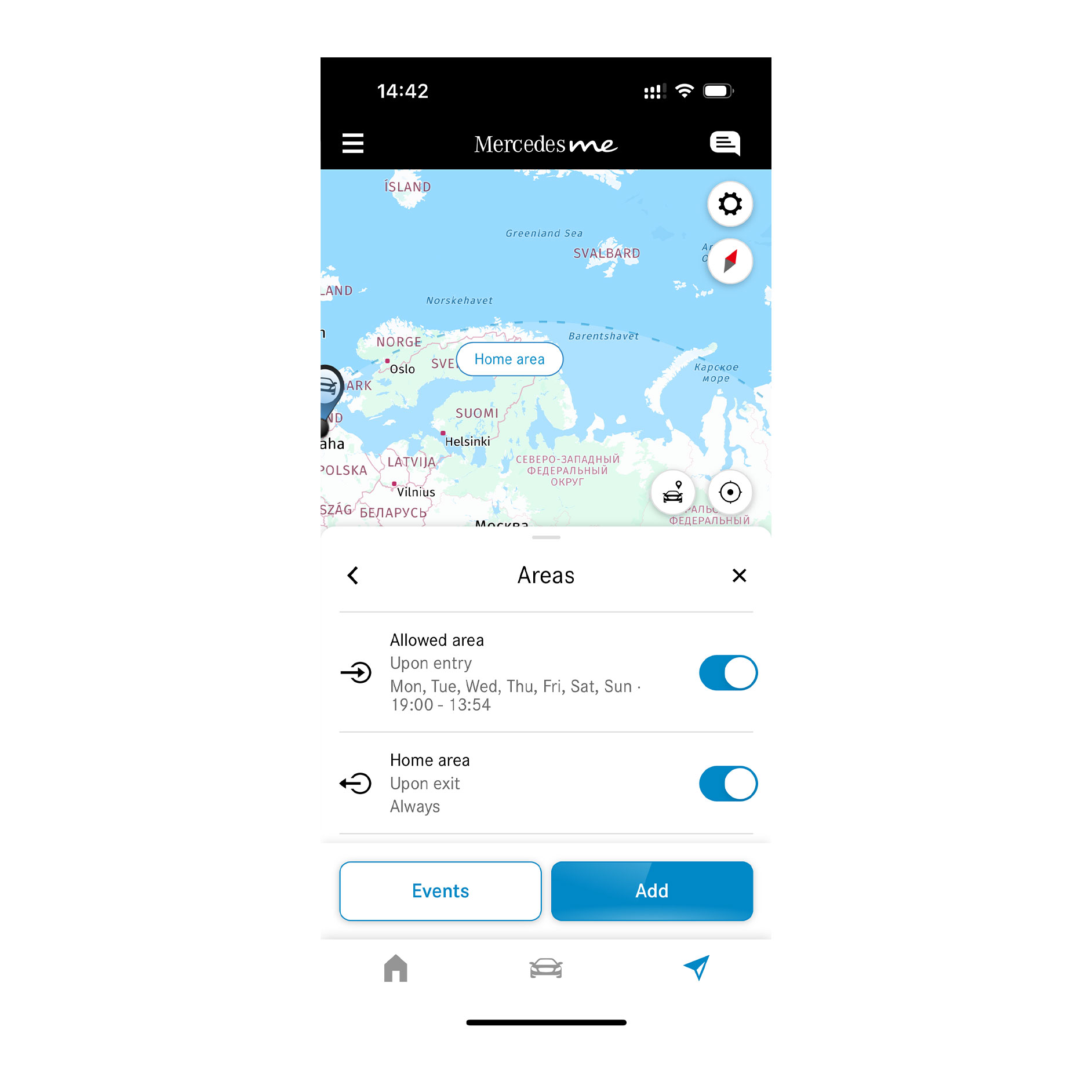 Geofencing | Remote | Mercedes-Benz digitale tjenester Smartphone viser den digitale tjeneste Geofencing