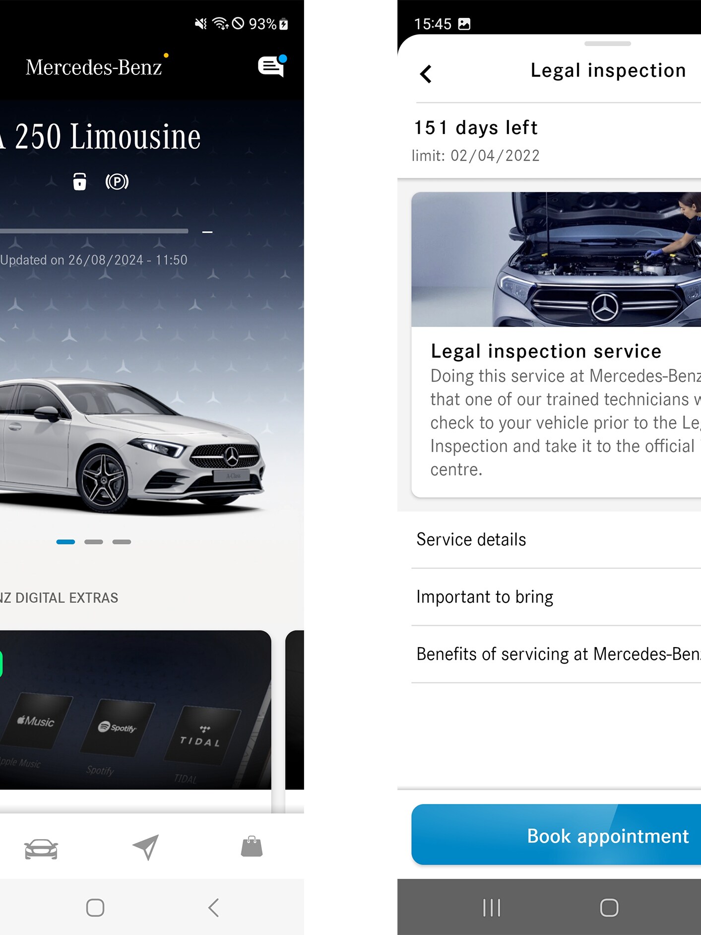 Udsnit af funktioner i Mercedes-Benz appen