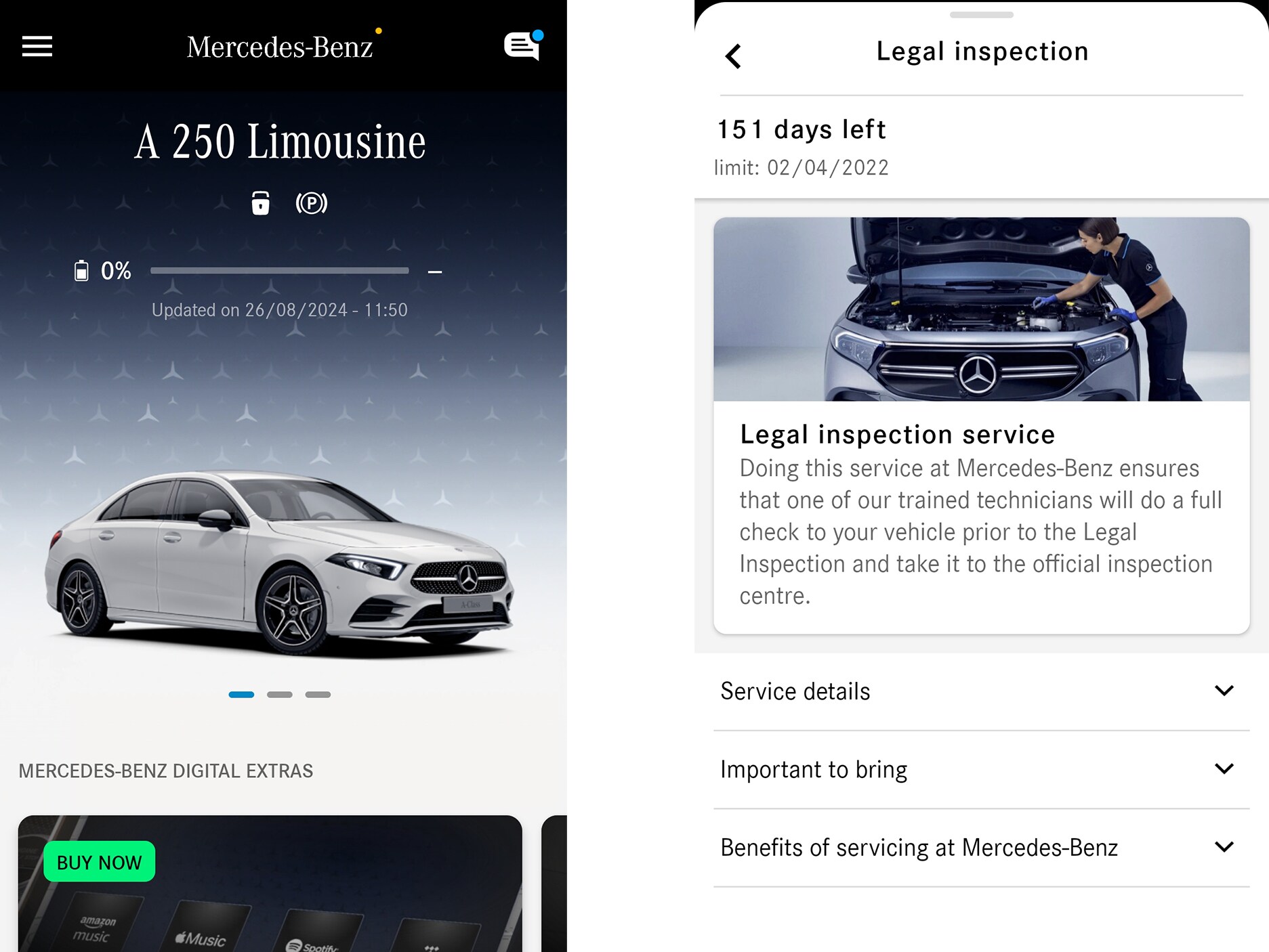Udsnit af funktioner i Mercedes-Benz appen