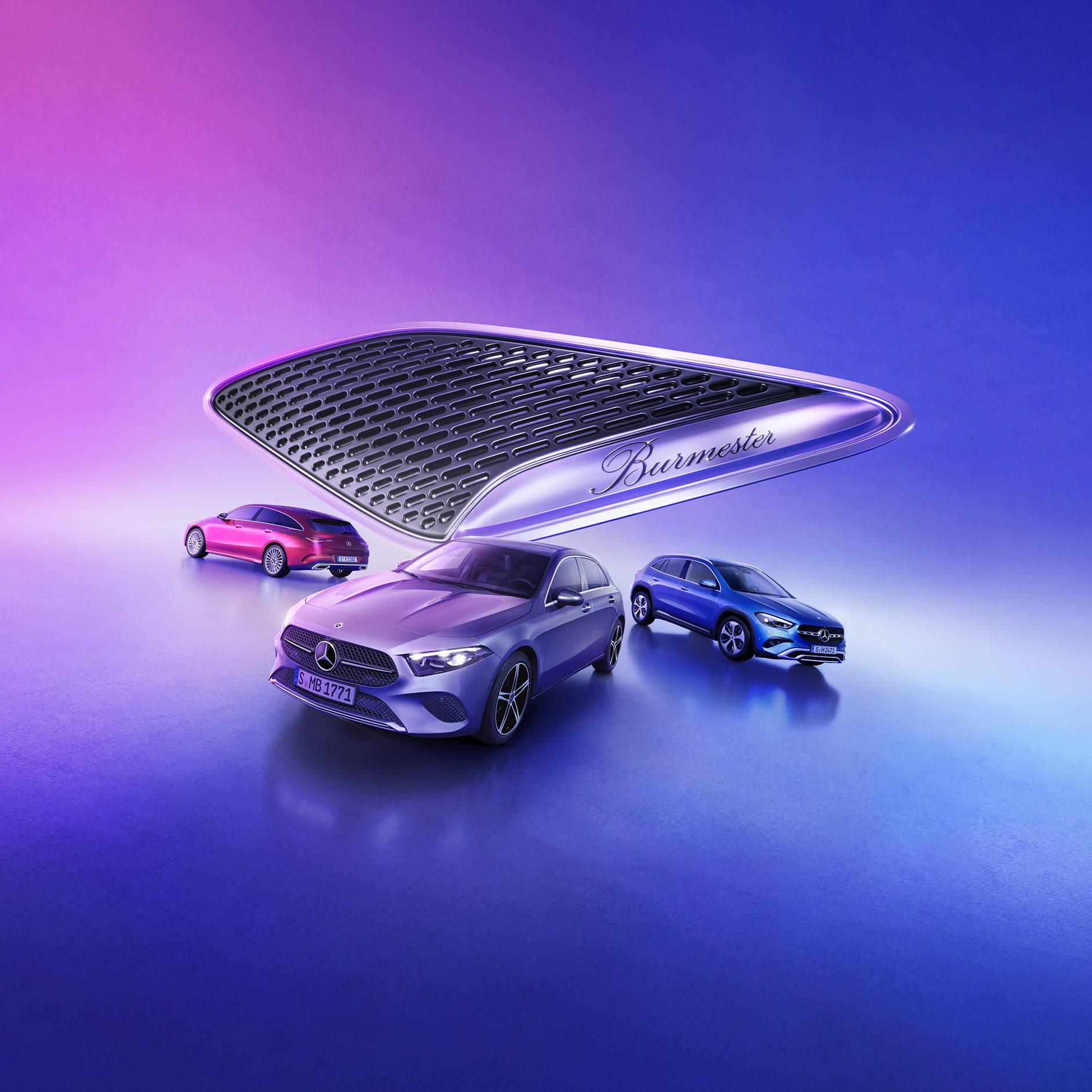 Burmester®-højttaler | Kompaktbiler | Mercedes-Benz CLA Shooting Brake, A-Klasse og GLA med Burmester® højttaler svævende over sig