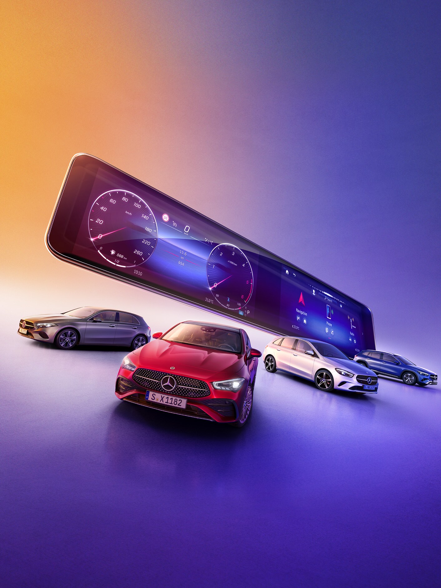 MBUX multimediesystem svæver over forskellige Mercedes-Benz modeller