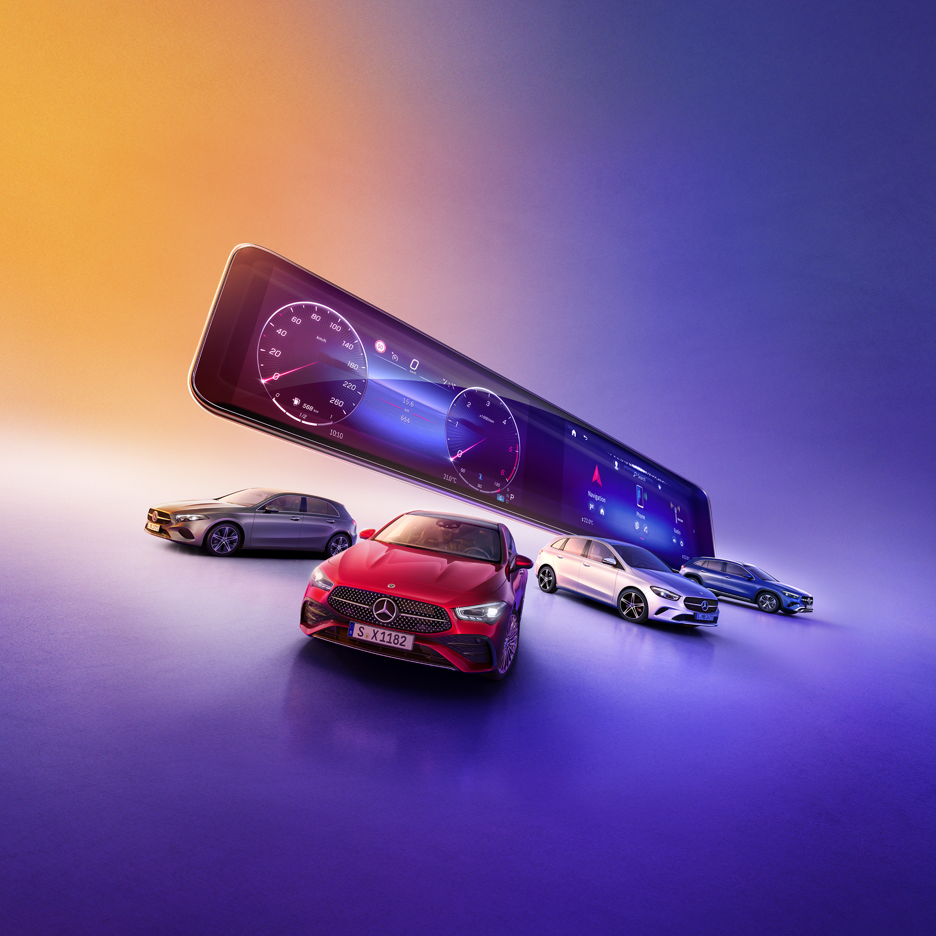 MBUX multimediesystem | Kompaktbiler | Mercedes-Benz MBUX multimediesystem svæver over forskellige Mercedes-Benz modeller