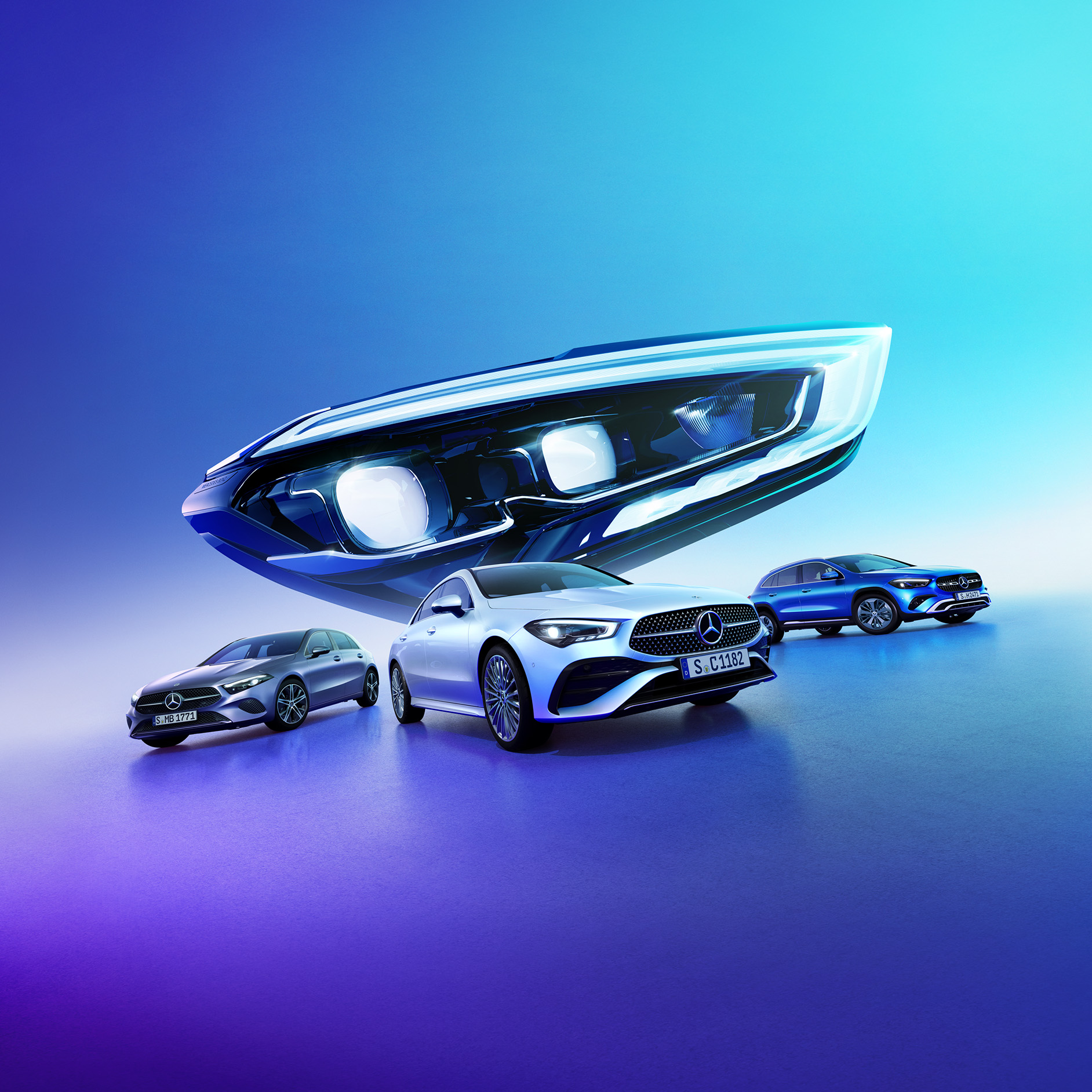 MULTIBEAM LED-forlygter | Kompaktbiler | Mercedes-Benz MULTIBEAM LED-forlygte svæver over forskellige Mercedes-Benz modeller