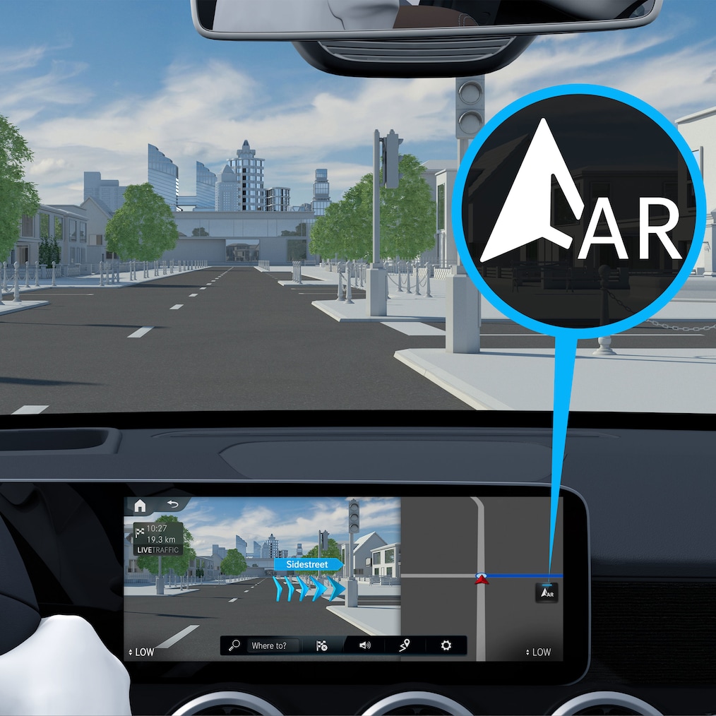 Sådan virker den Digitale tjeneste MBUX augmented reality til navigation i Mercedes-Benz CLA coupé.