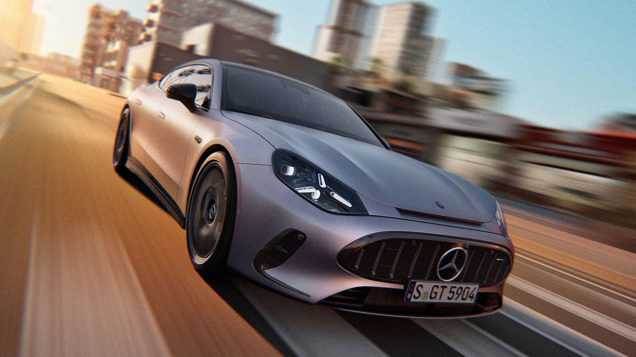 Den helt nye Mercedes-AMG GT 53 4-dørs Coupé i fuld fart i bymiljø