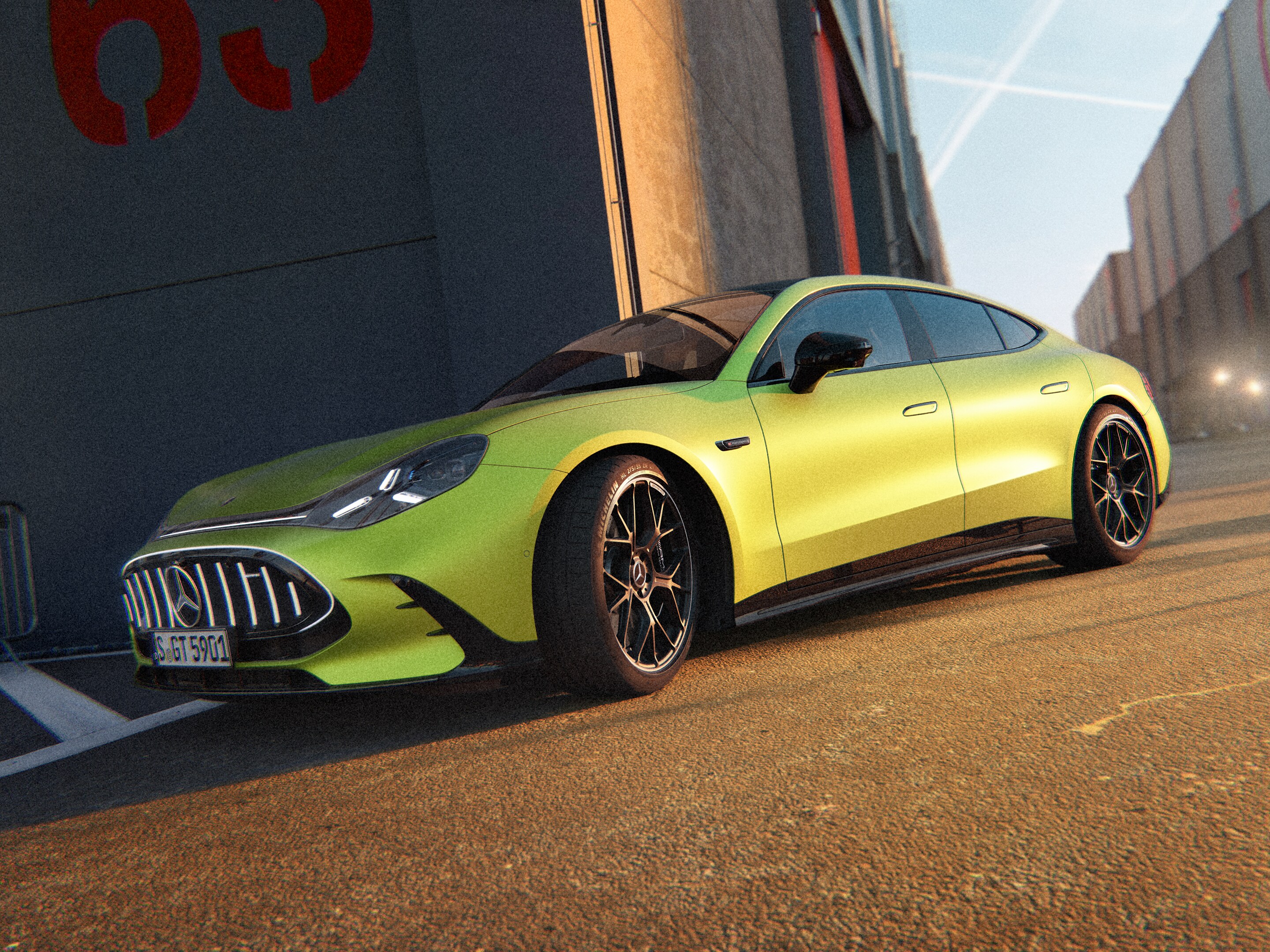 Baggrundsbillede til den nye elektriske Mercedes-AMG GT 4-dørs Coupé