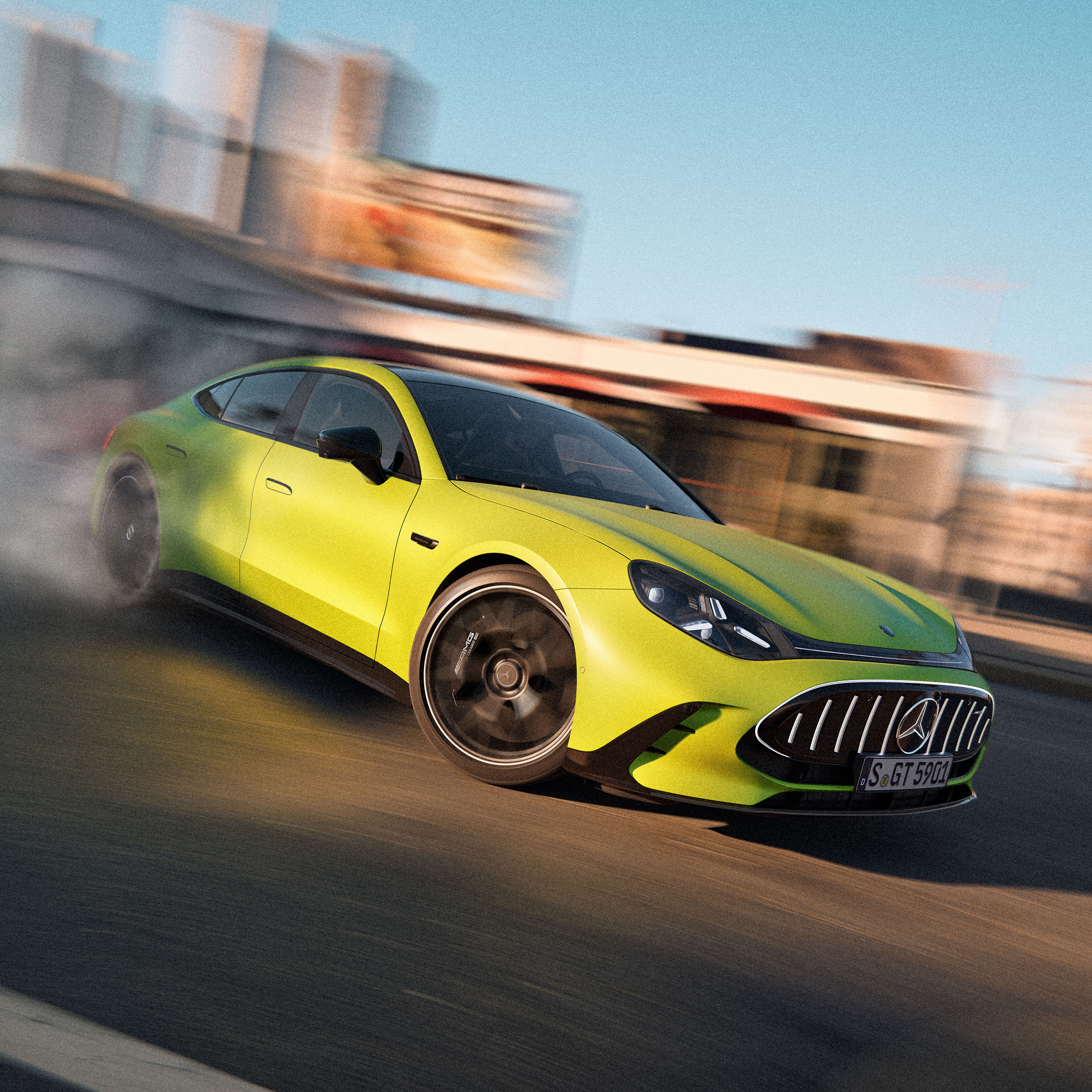 Verdenspremiere | Den nye Mercedes-AMG GT 4-dørs Coupé Neonfarvet Mercedes-AMG GT 4-dørs Coupé kørende i høj fart.