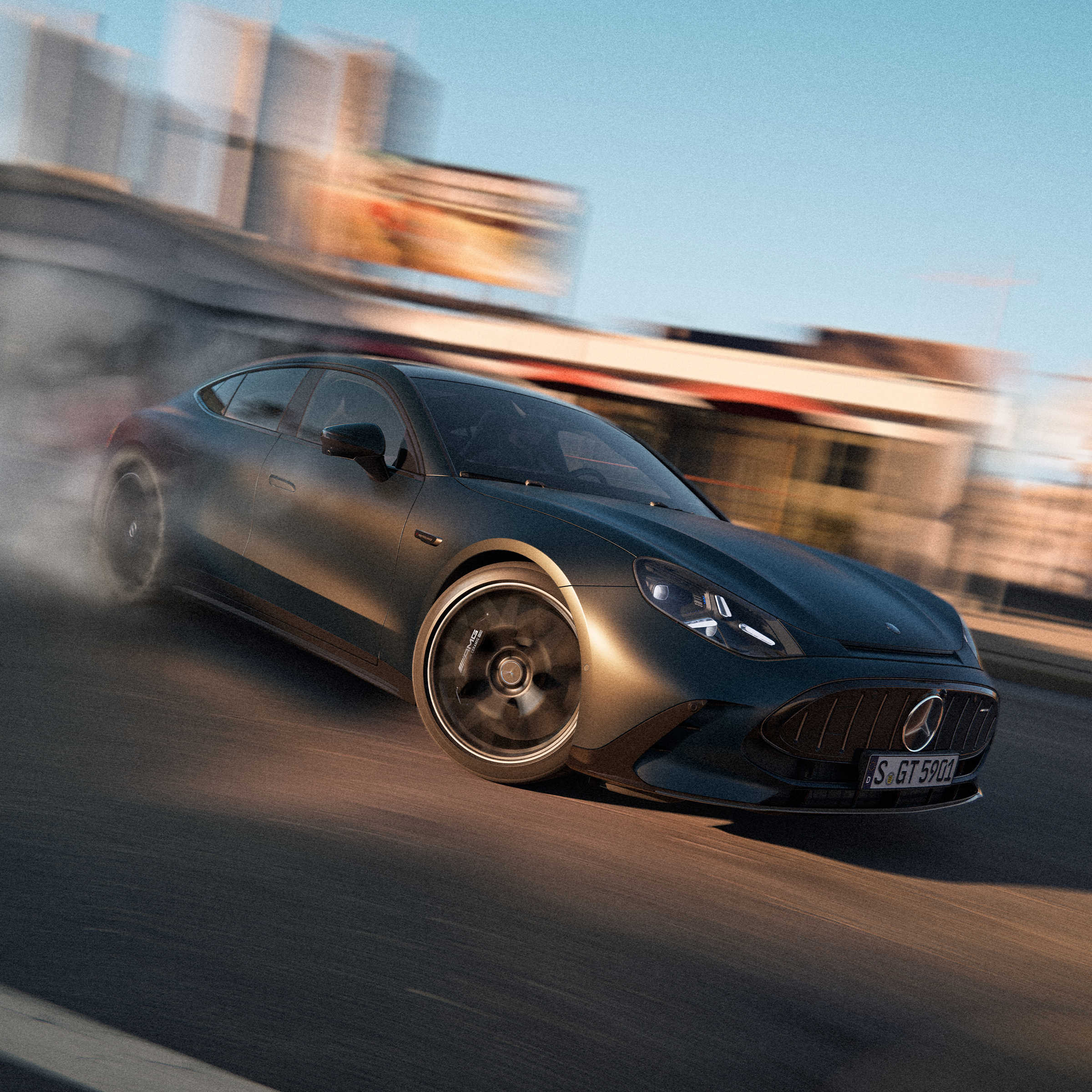 Verdenspremiere | Den nye Mercedes-AMG GT 4-dørs Coupé Neonfarvet Mercedes-AMG GT 4-dørs Coupé kørende i høj fart.