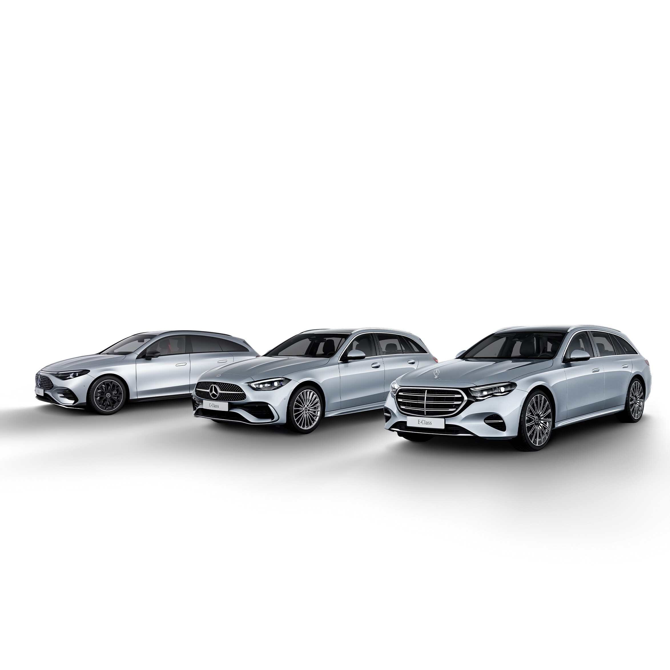 Udvalget af Mercedes-Benz stationcars: CLA Shooting Brake, C-klasse Stationcar og E-klasse Stationcar.