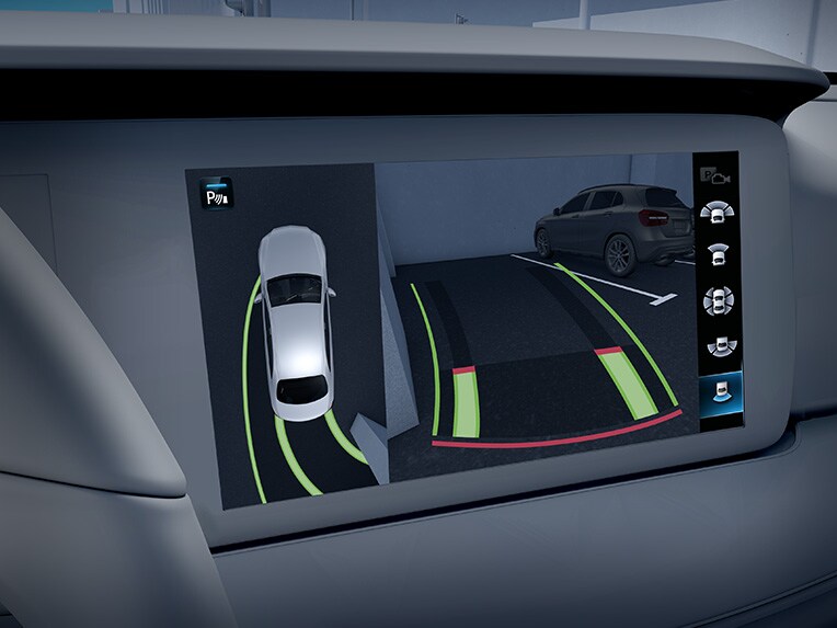 Grafisk fremstilling af Parkeringspakken med 360°-kamera i C-Klasse cabriolet fra Mercedes-Benz.