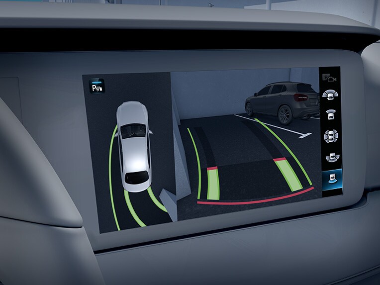 Illustration af parkeringspakken med 360° kamera i Mercedes-Benz C-Klasse sedan.
