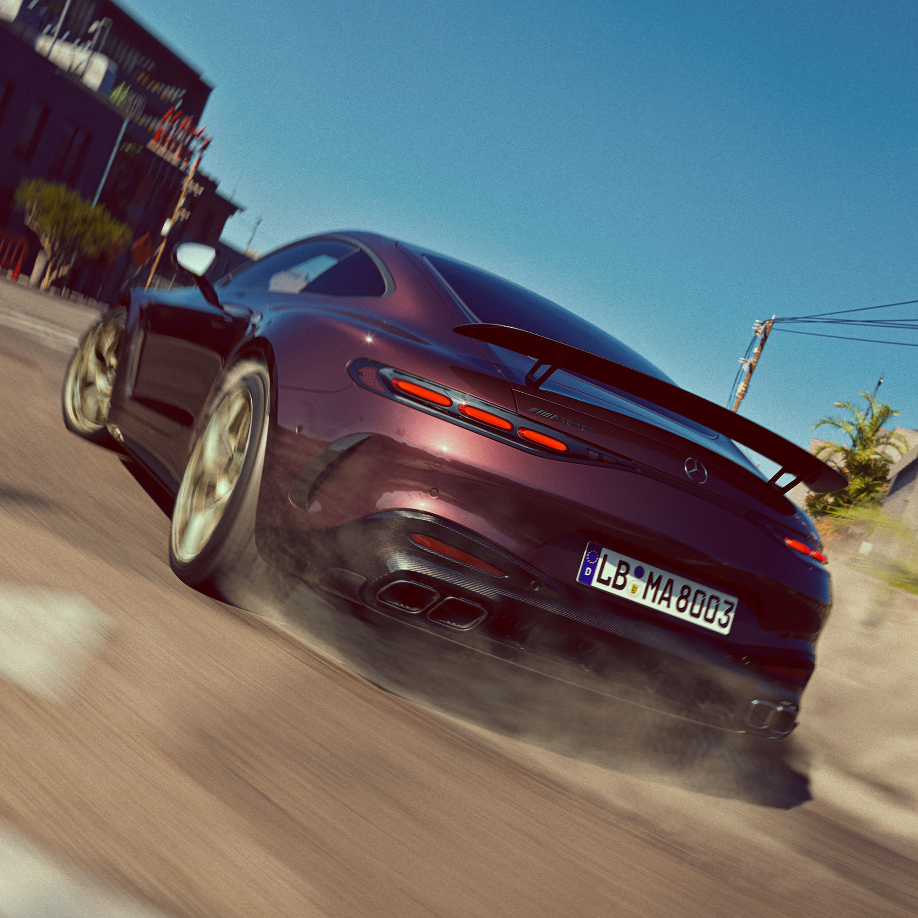 Kraften af sportspræstation | GT coupé | Mercedes-AMG Bagenden af GT coupé fra Mercedes-AMG, som kører hurtigt på gaden.