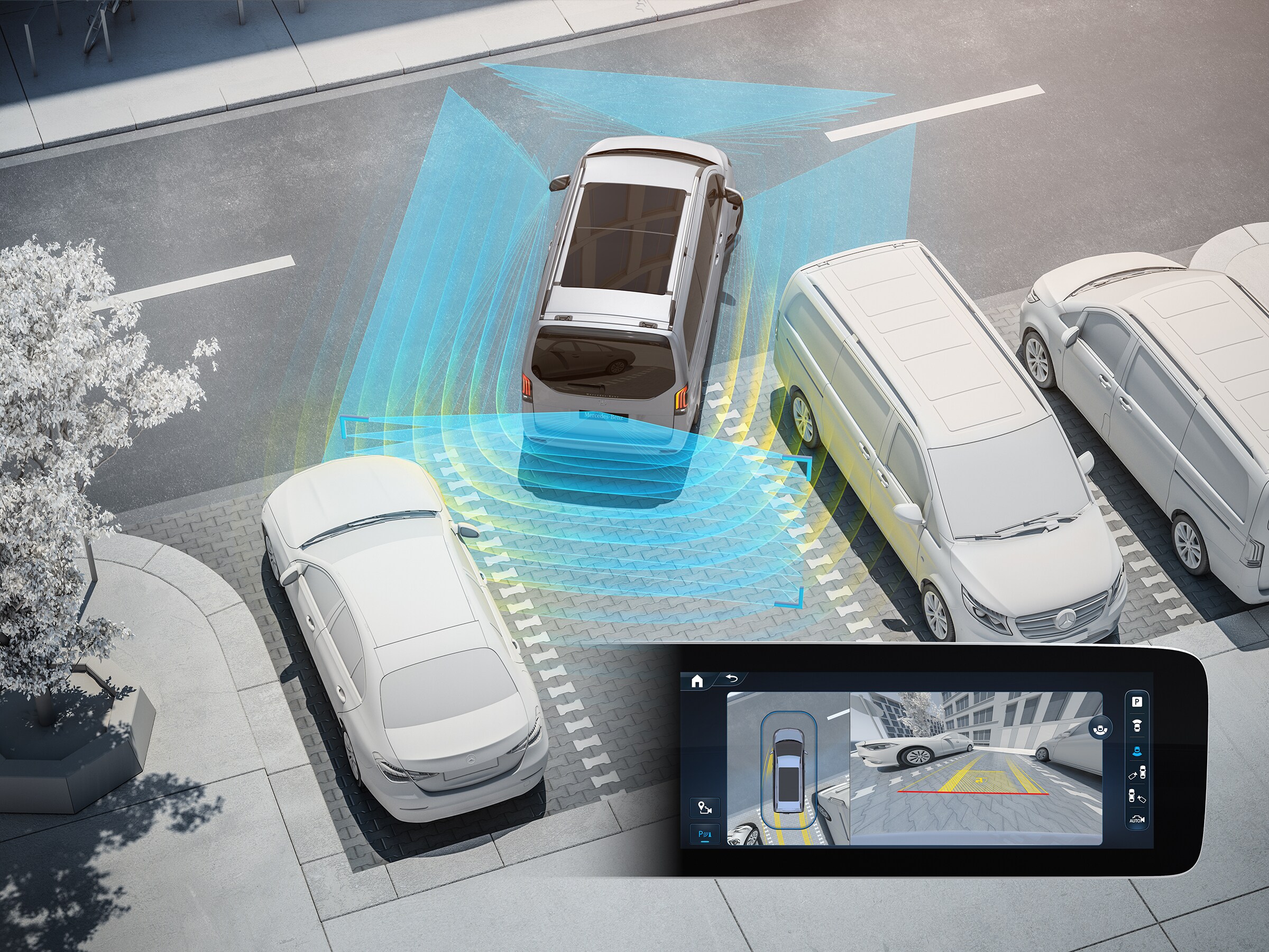 Mercedes-Benz Marco Polos parkeringspakke med 360°-kamera.