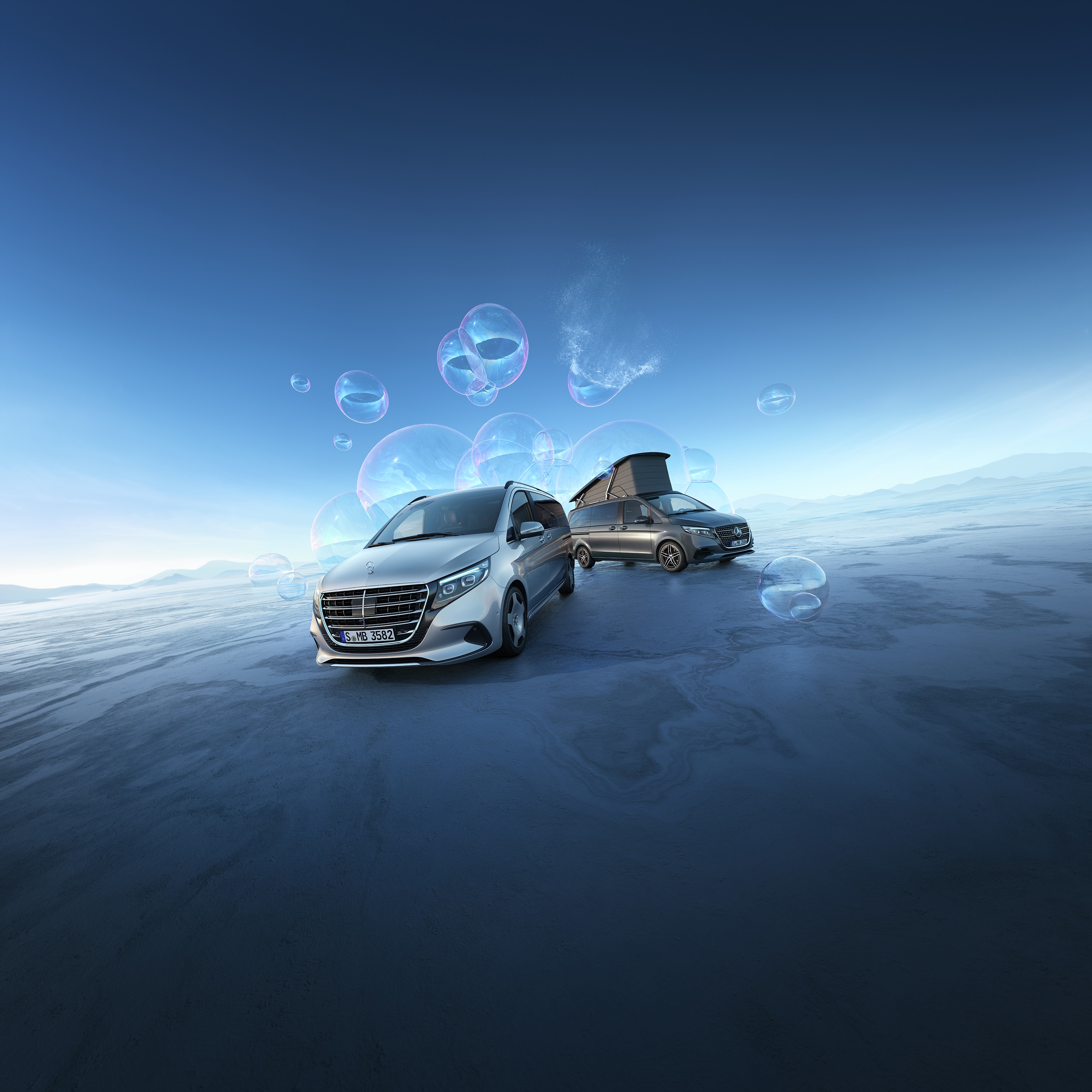 Store familiebiler | Mercedes-Benz MPV Mercedes‑Benz Marco Polo og V‑Klasse autocampere kunsfærdigt fotograferet