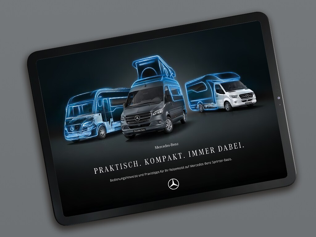 En tablet der viser en digital Mercedes-Benz Sprinter autocamper-brochure.