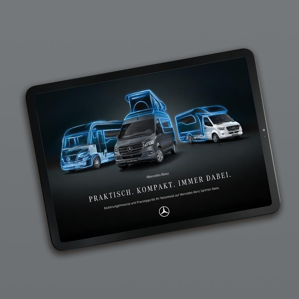 Sprinter autocampere på en tablet | Sprinter autocampere | Mercedes-Benz En tablet der viser en digital Mercedes-Benz Sprinter autocamper-brochure.