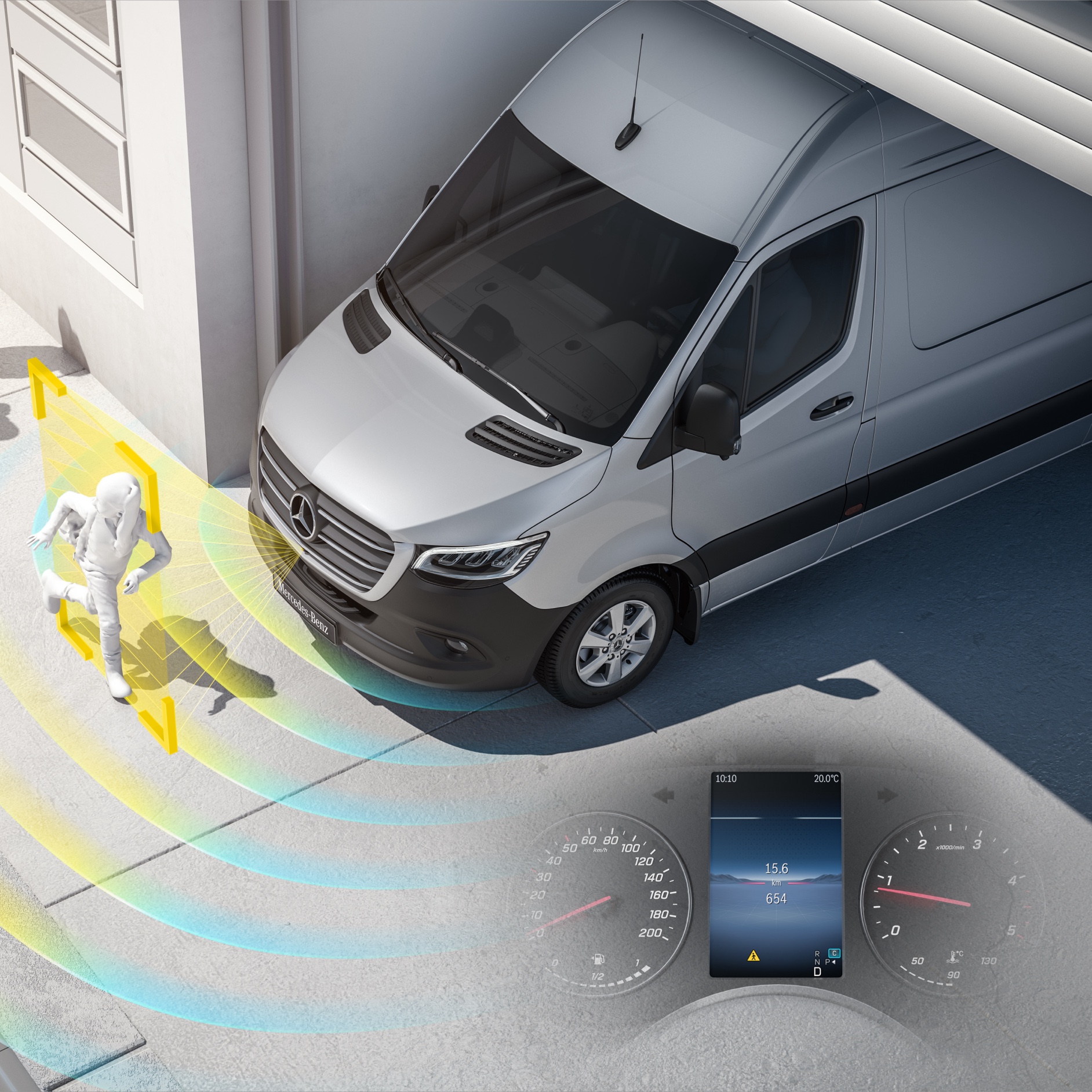 Digitale tjenester | Sprinter autocampere | Mercedes-Benz Sprinter med aktive assistentsystemer registrerer fodgængere i nærheden