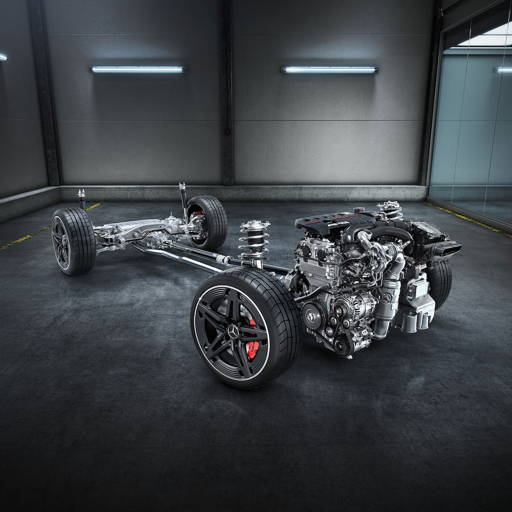 Chassiset med drivline i Mercedes-AMG CLA 45 S 4MATIC+ coupé.