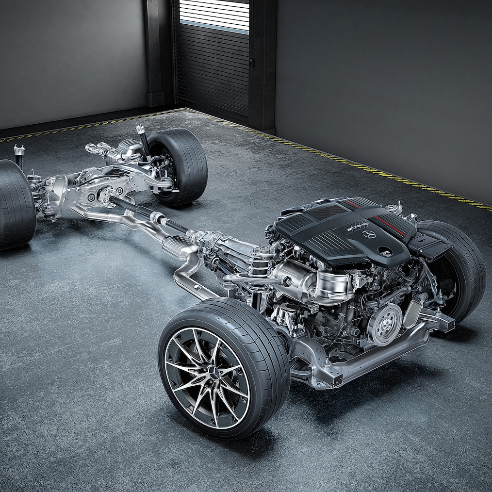 Billede af drivlinjen med 3,0-liters 6-cylindret rækkemotor og AMG Performance 4MATIC+.