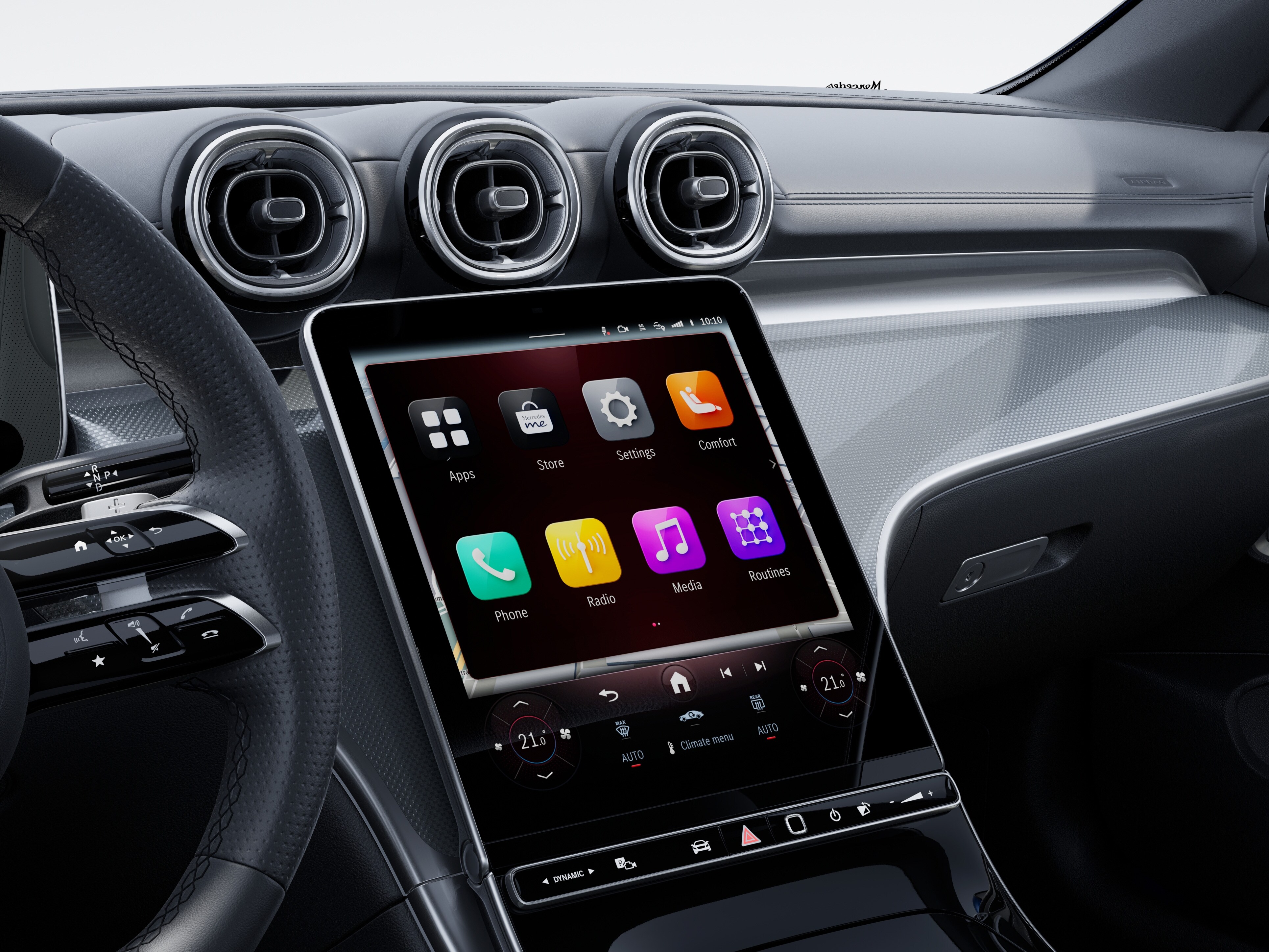 Midterdisplayet med en visning vedr. rutiner i Mercedes-Benz CLE cabriolet.