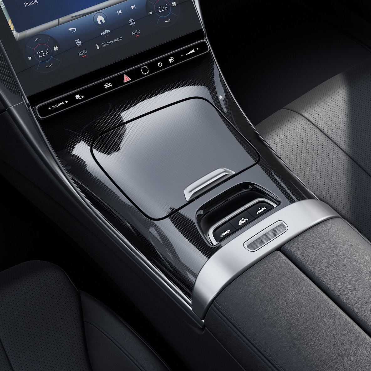 Midterkonsollen i sort finstrukturdesign i Mercedes-Benz CLE cabriolet.