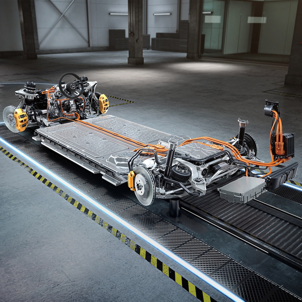 Undervognen med drivlinje på Mercedes-AMG EQE+.