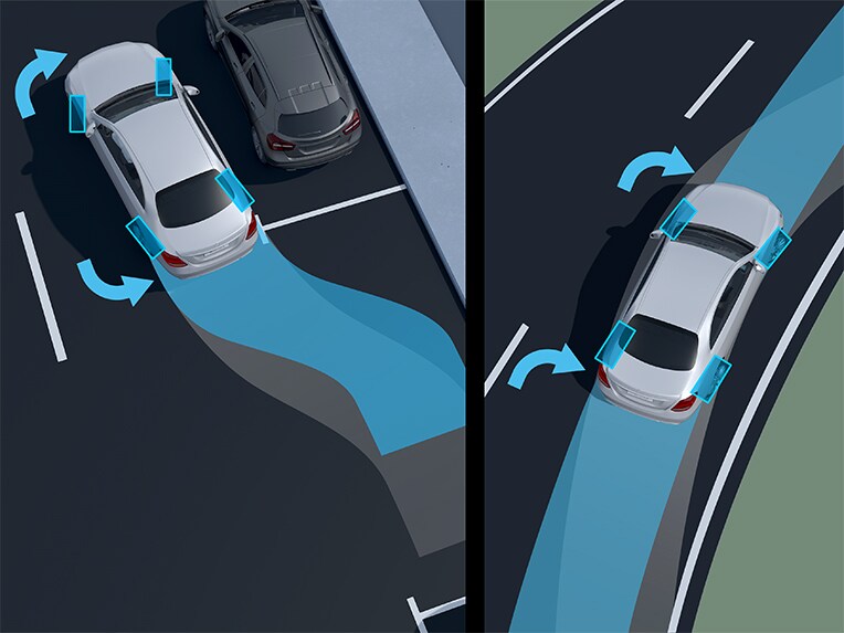 En illustration af bagakselstyringen i EQE sedan fra Mercedes-Benz.