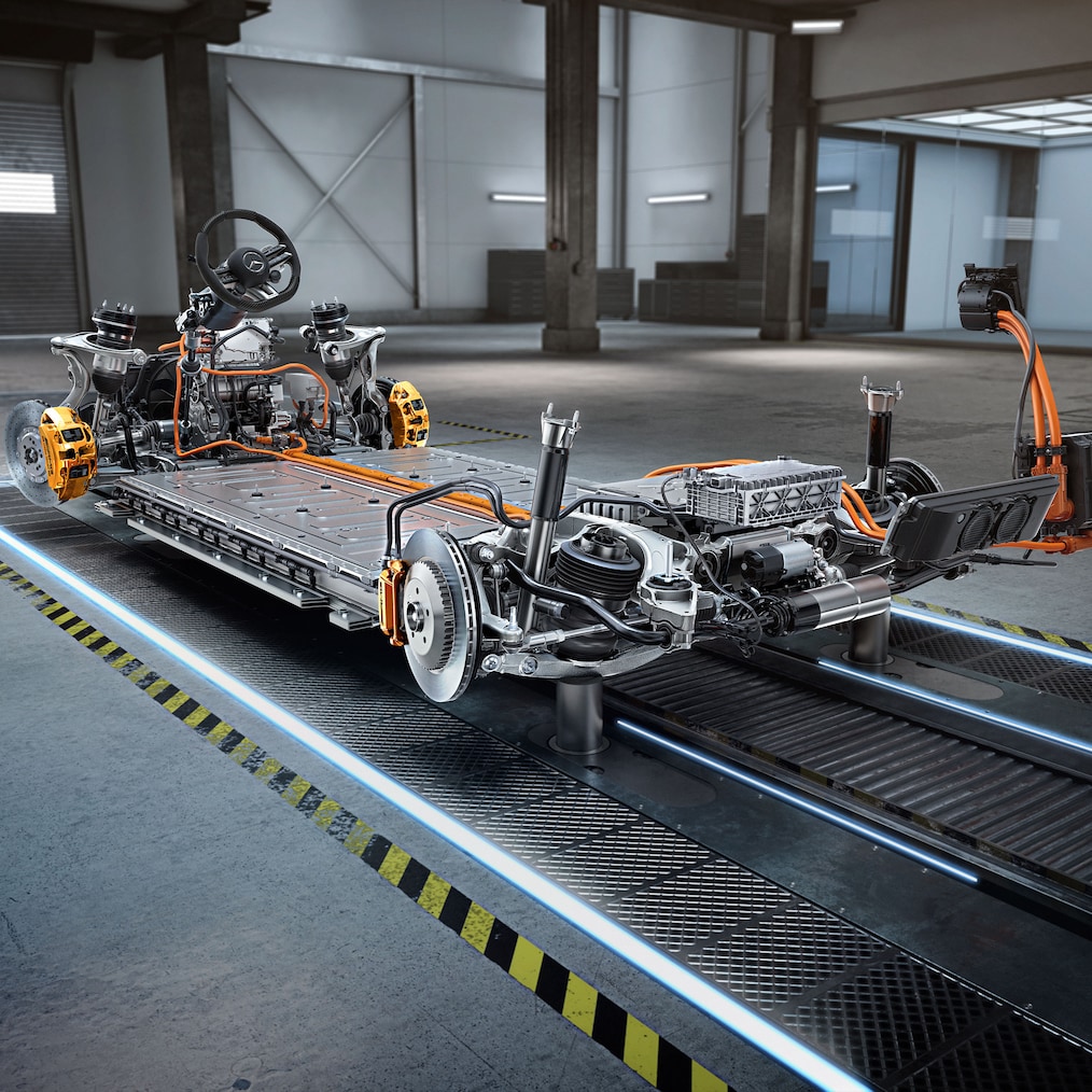 Undervognen med drivlinje på Mercedes-AMG EQE 53 4MATIC+ SUV.