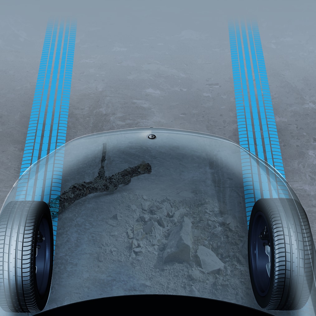 En grafisk visning af den transparente motorhjelm i EQE SUV fra Mercedes-Benz.