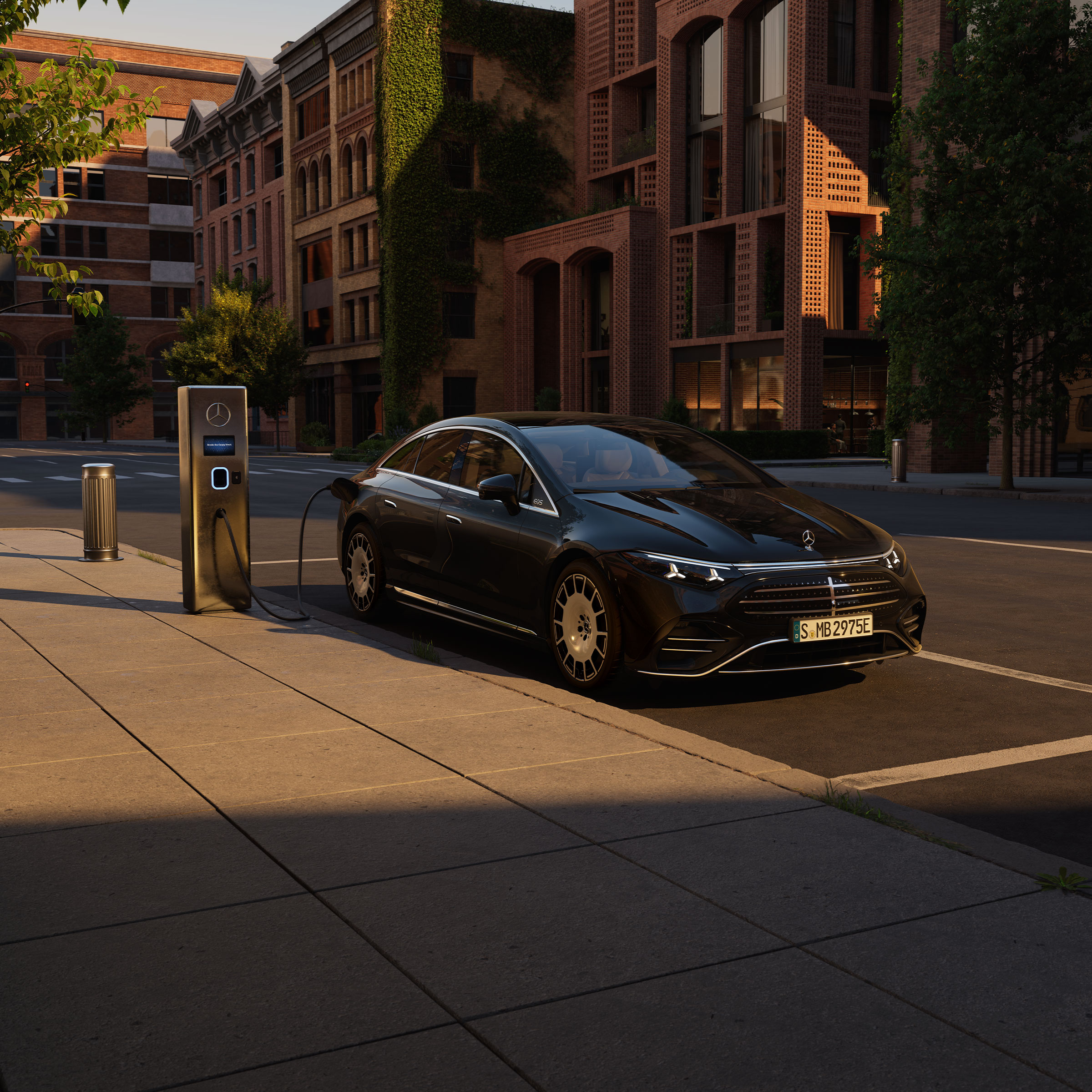 Opladning | Elbiler | Mercedes-Benz Sort Mercedes-Benz EQS Sedan oplader på farten.