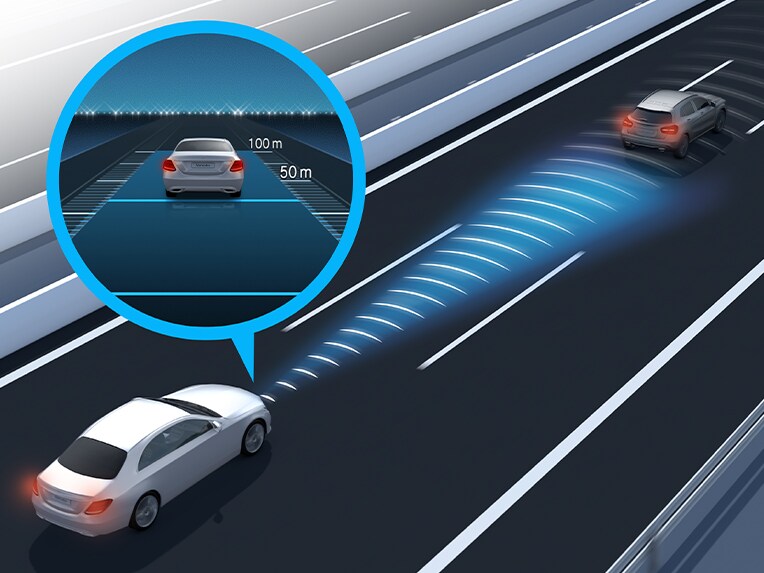 En grafisk visning af aktiv afstandsassistent DISTRONIC i EQS sedan fra Mercedes-Benz.