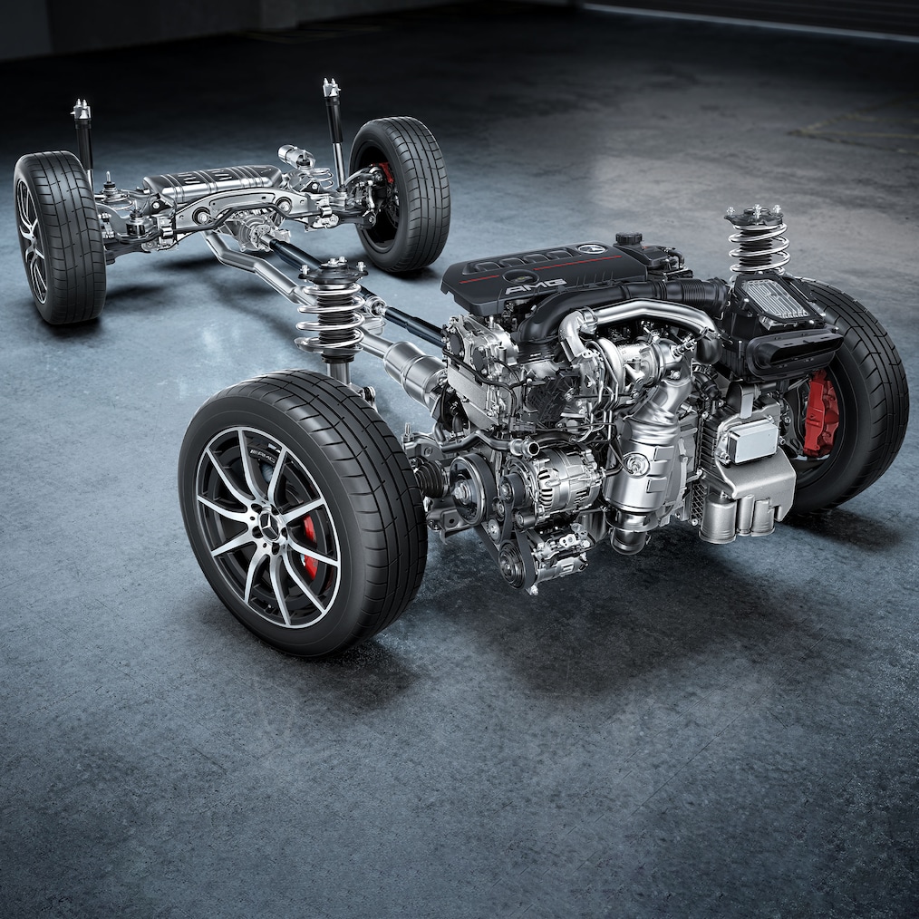 Chassiset med drivline i Mercedes-AMG GLA 35 4MATIC.