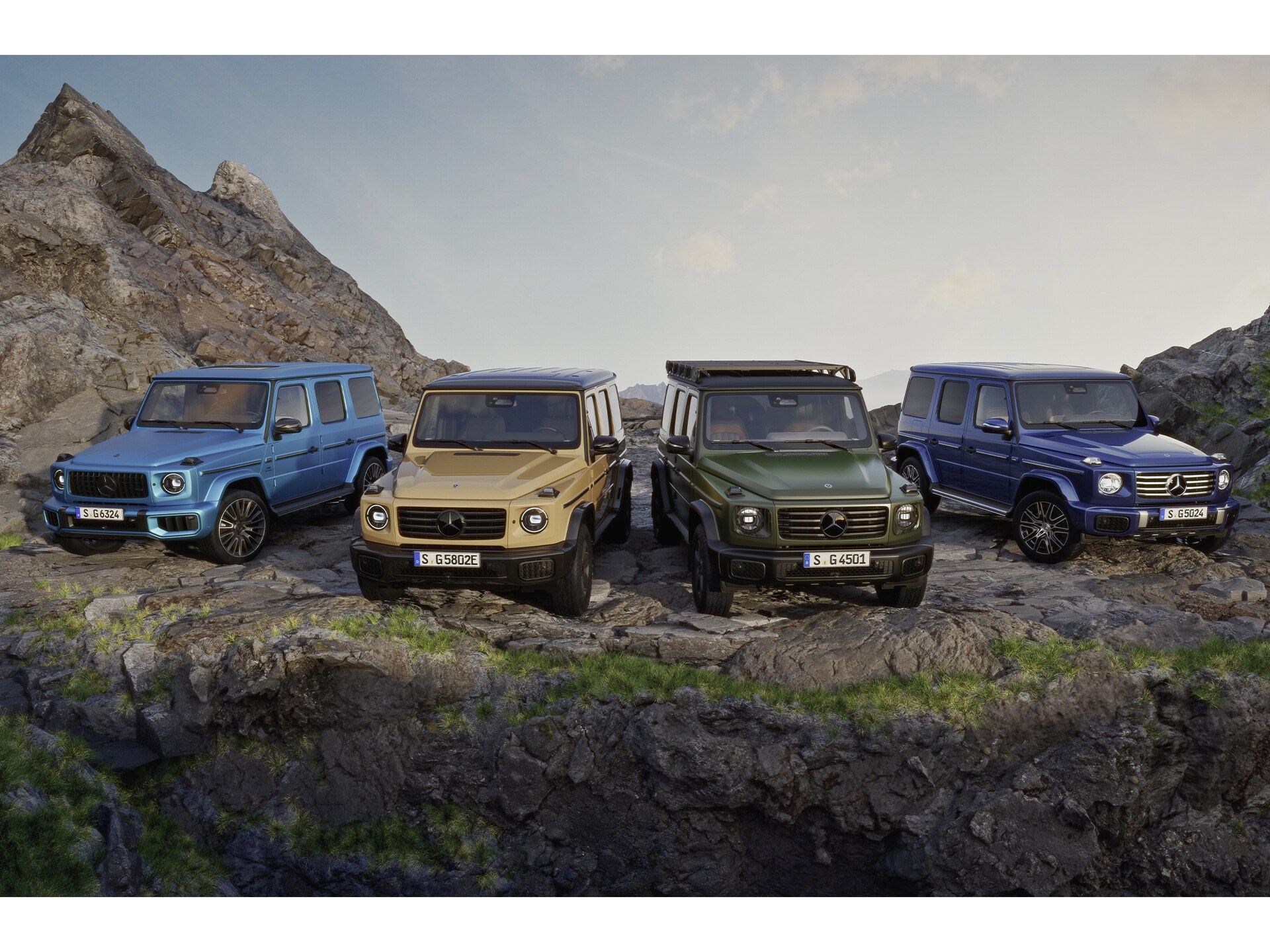 Forskellige Mercedes-Benz G-Klasse biler side om side.