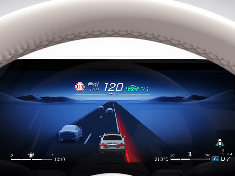 En skærmgrafik med den aktive Lane Keeping-assistent i Mercedes-Benz S-Klasse sedan.