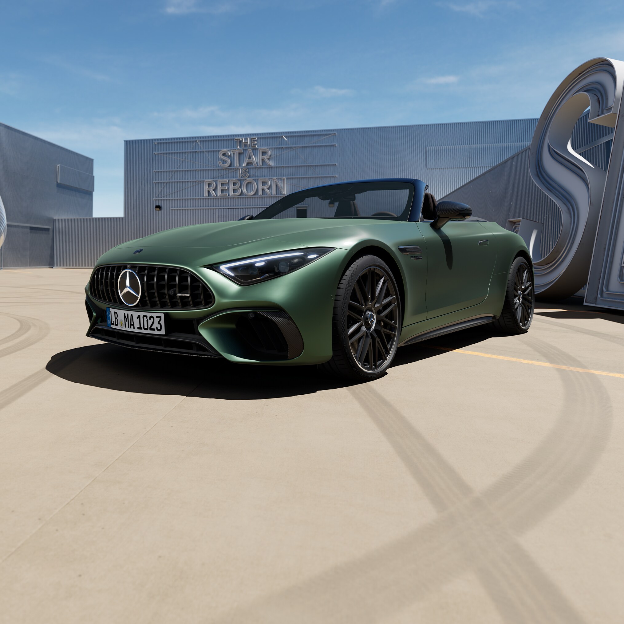 Grøn Mercedes-AMG SL 63 S E PERFORMANCE set skråt forfra