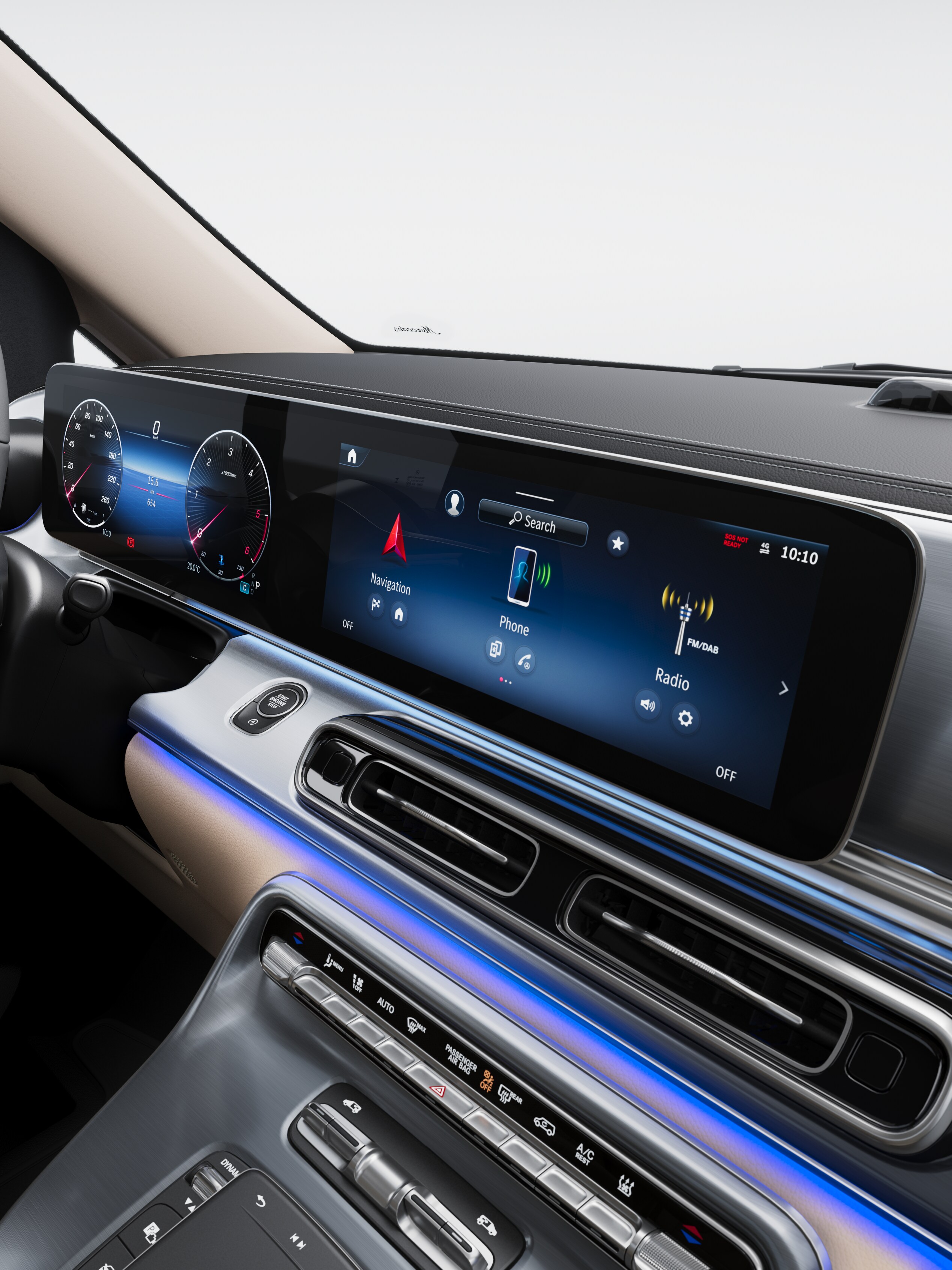 Widescreen-cockpit med samlet instrument- og mediedisplay under fælles glasflade