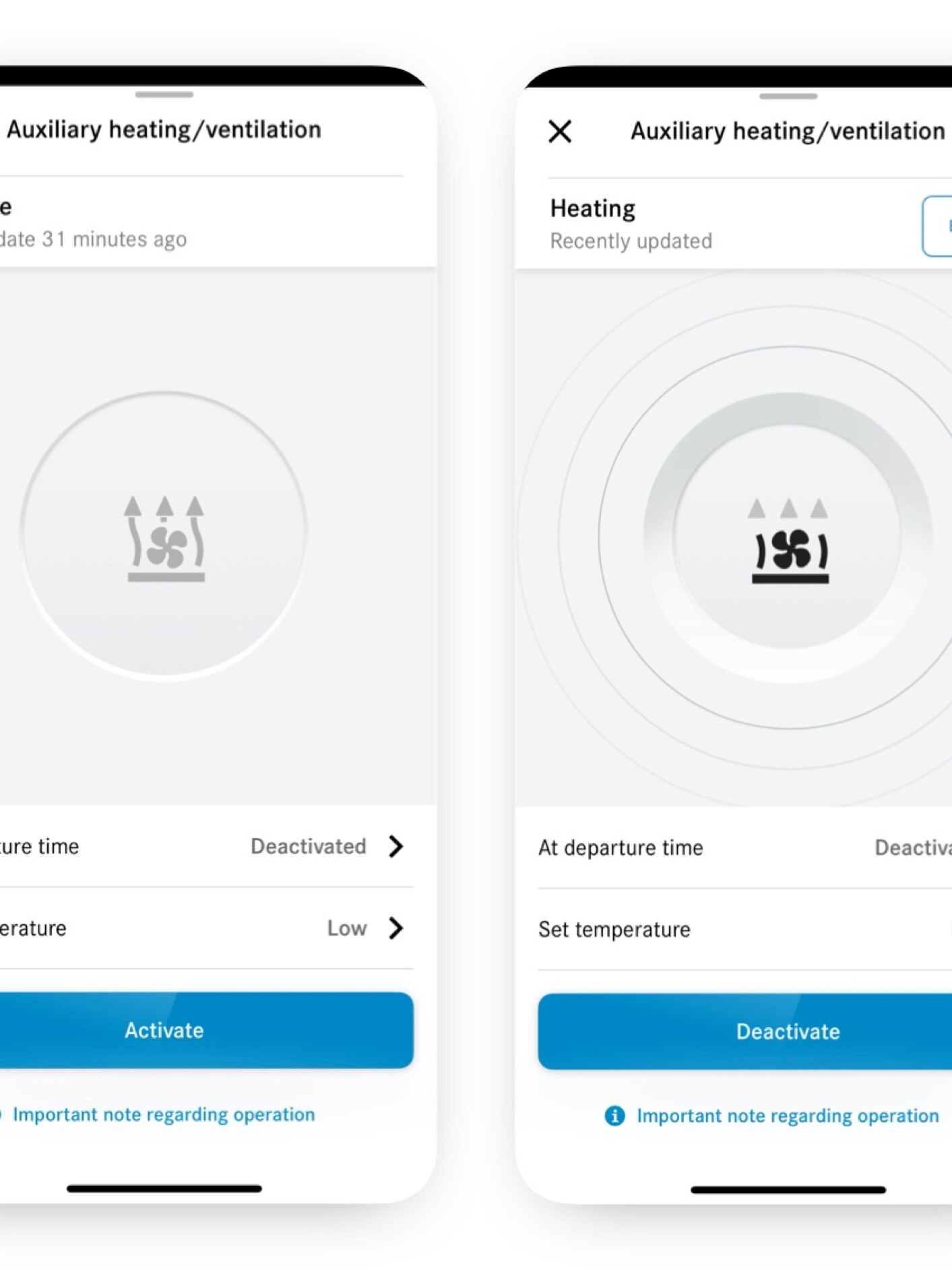 På en smartphone indstilles klimatiseringen med Parkeringsvarme/ventilation