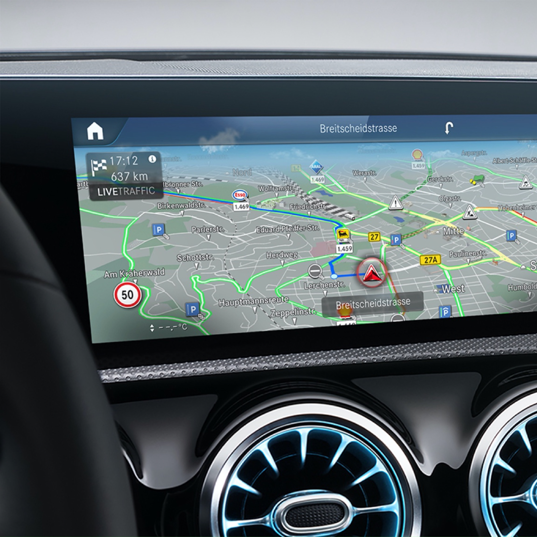 Car-to-X-kommunikation | Excellence-pakke | Mercedes-Benz digitale tjenester Digital Car-to-X-kommunikation advarer om potentielle farer på ruten i realtid